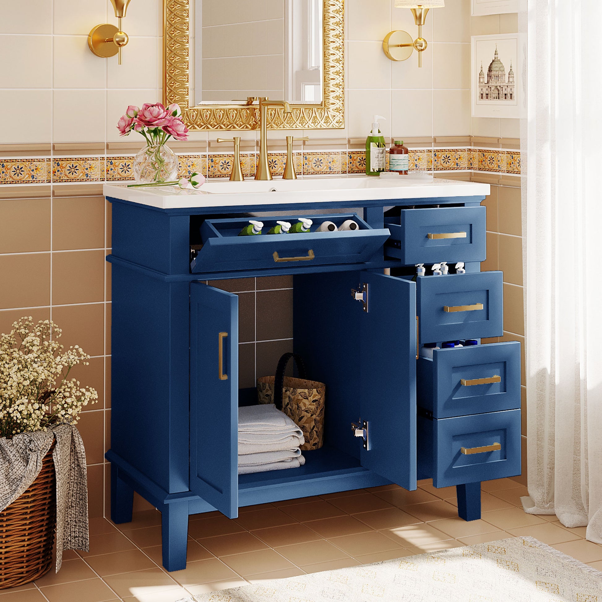 36 Inch Bathroom Vanity With Resin Sink, Modern Bathroom Cabinet In Blue, Featuring Two Soft Close Doors And Four Drawers Blue Bathroom Solid Wood Mdf Resin