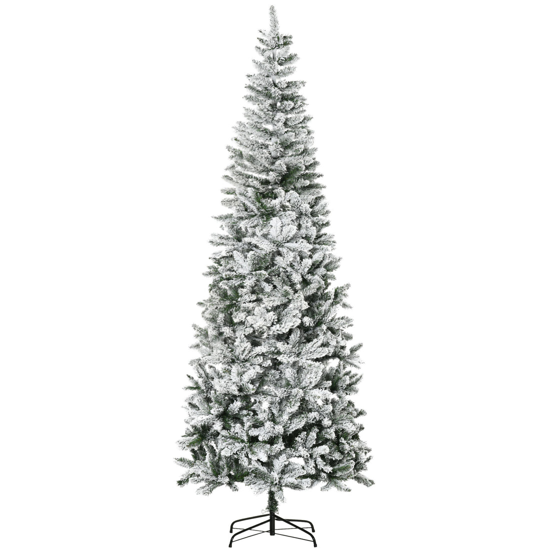 Homcom 9Ft Unlit Snow Flocked Slim Pine Artificial Christmas Tree With Realistic Branches And 1084 Tips Green Plastic