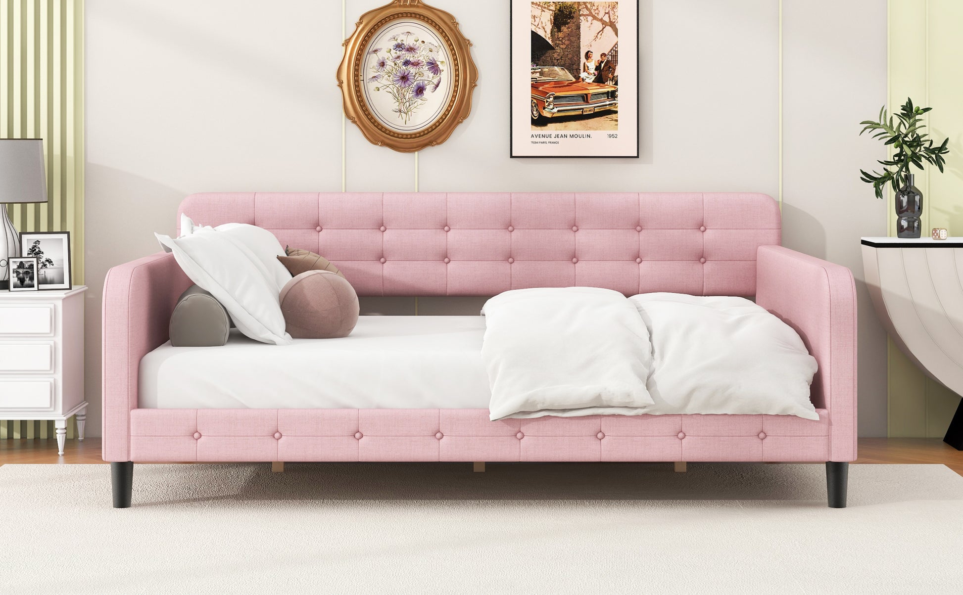 Full Size Upholstered Tufted Daybed With 4 Support Legs, Pink Box Spring Not Required Full Pink Wood Bedroom Daybeds Linen Upholstered