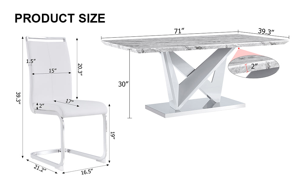 1 Table And 8 Chairs Set.Modern Grey Mdf Faux Marble Dining Table With Double V Shaped Supports.Paired With 8 Modern Pu Artificial Leather Soft Cushion With Silver Metal Legs.F Vv,C 1162 Gray Seats 8 Mdf Metal