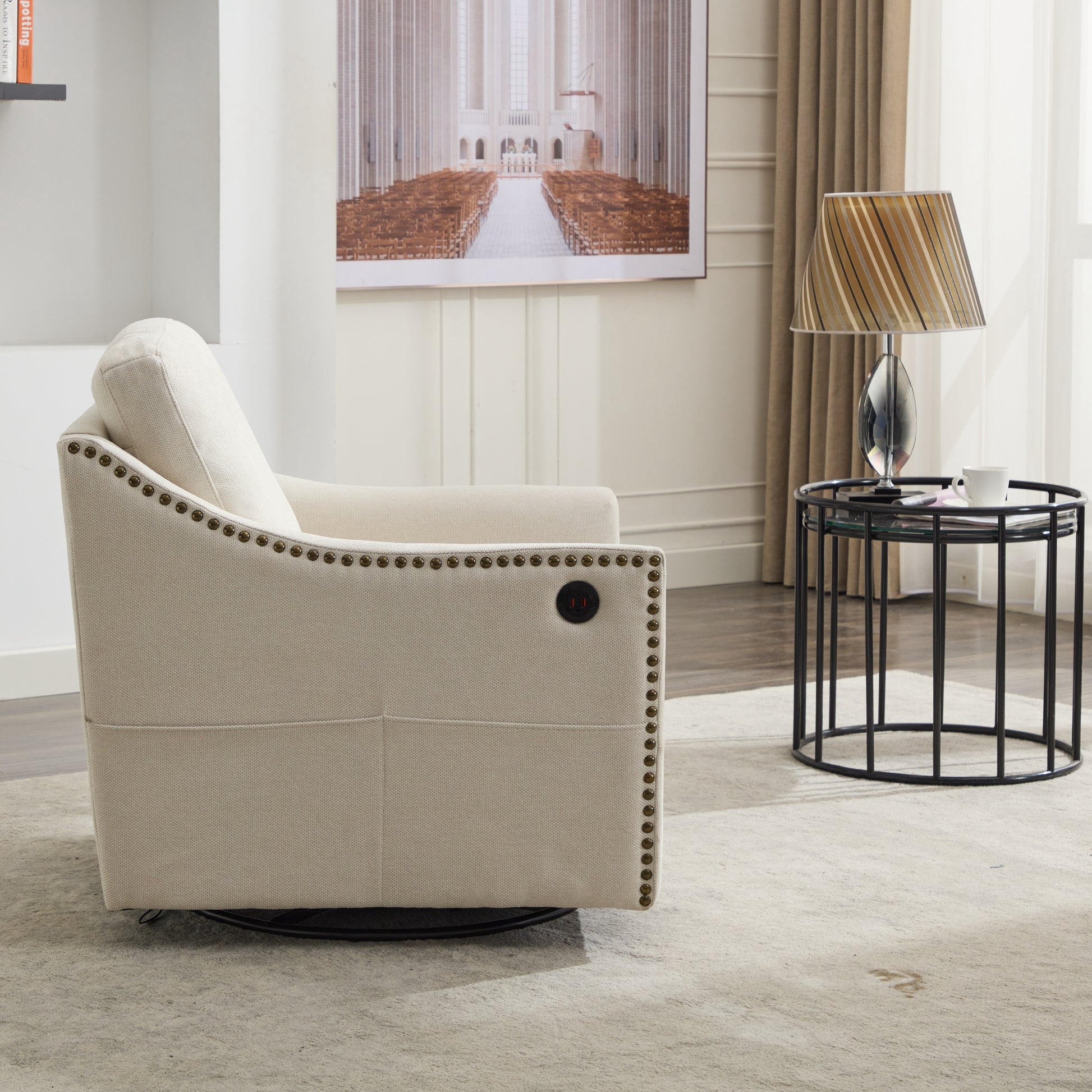 Cream White Fabric Swivel Rotating Accent Chair With Usb And Magazine Book For Living Room And Hotel Bed Room Cream White White Primary Living Space American Design,Classic,Modern Pine Foam Wood Fabric