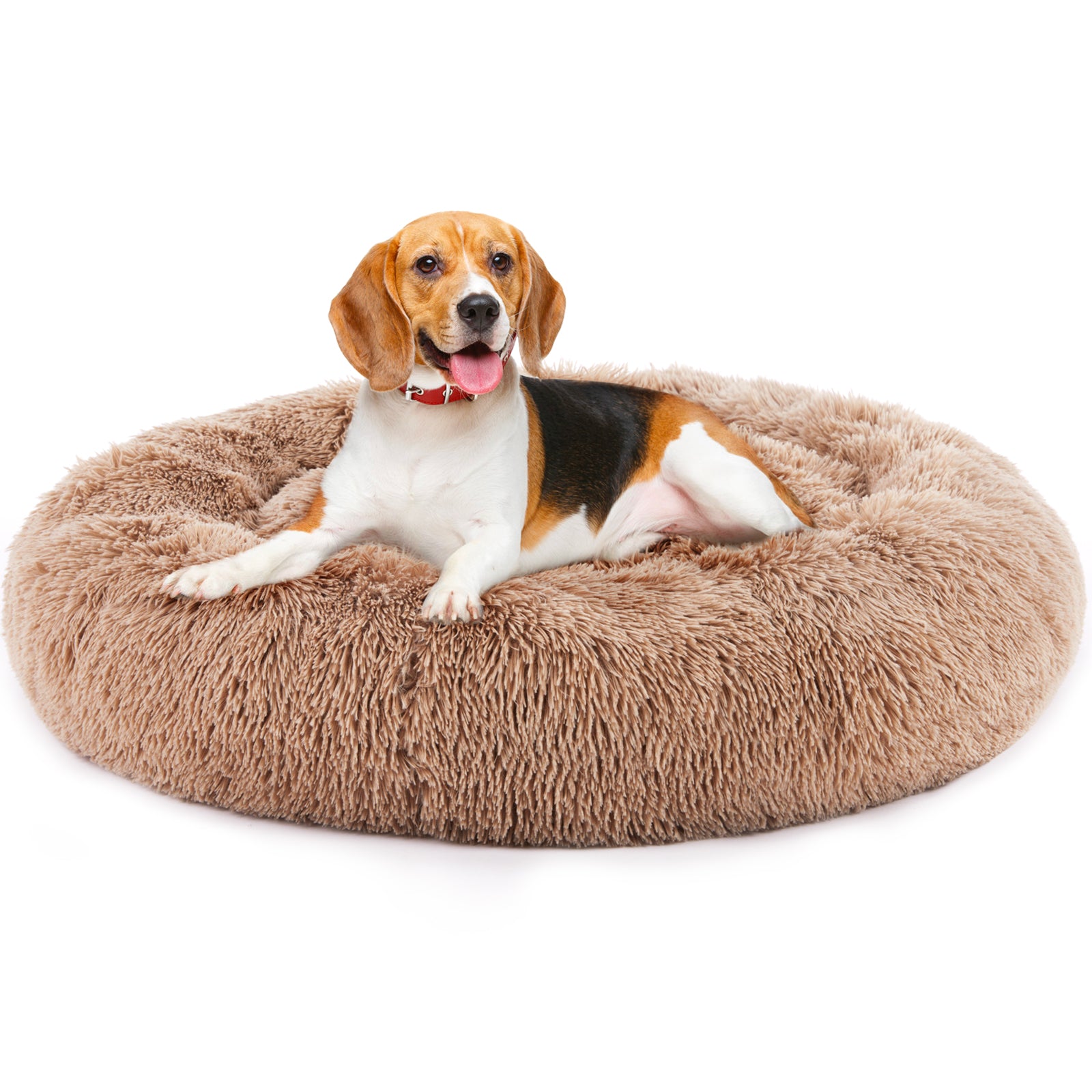 Anti Slip Round Fluffy Plush Faux Fur Cat Bed, Medium Brown Brown Fabric