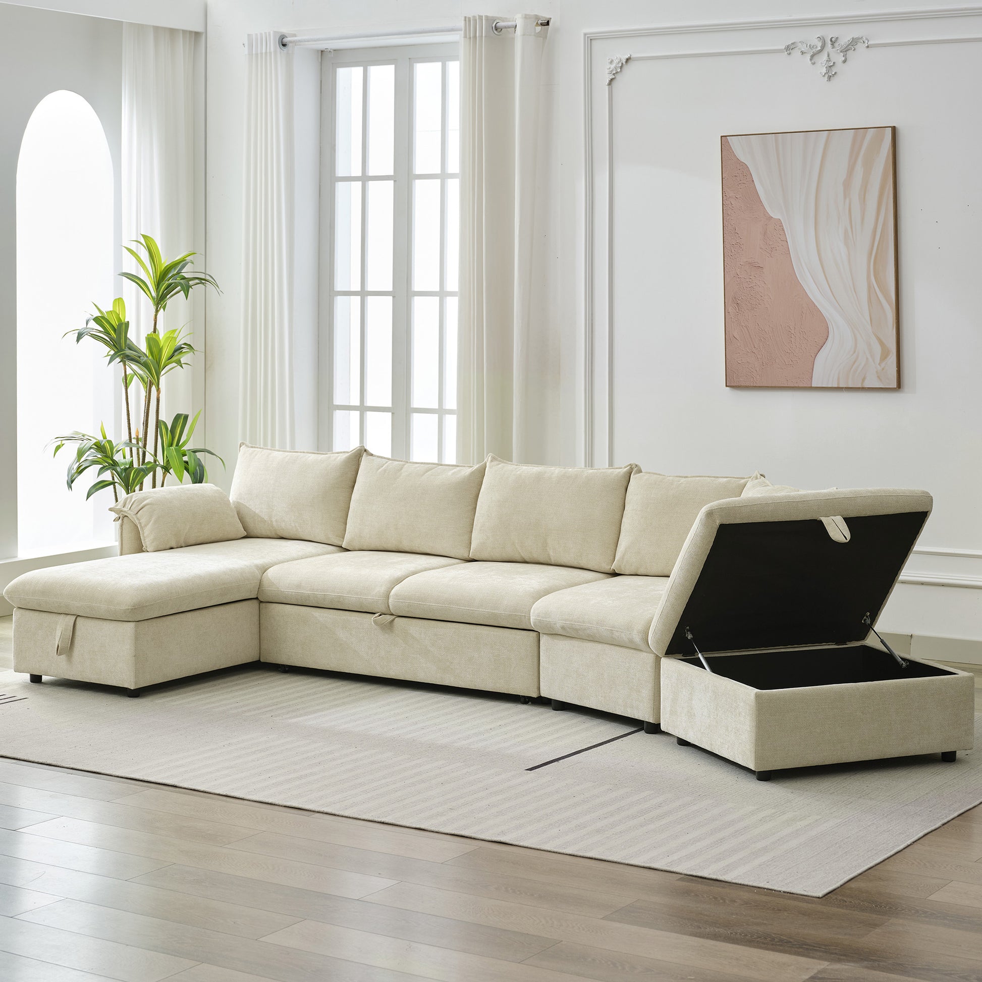 146.9" L Shaped Sofa Sectional Sofa Couch Pull Out Sofa Bed With A Movable Storage Ottoman, A Storage Chaise Lounge And Two Usb Ports For Living Room, Beige Beige Foam Linen 5 Seat