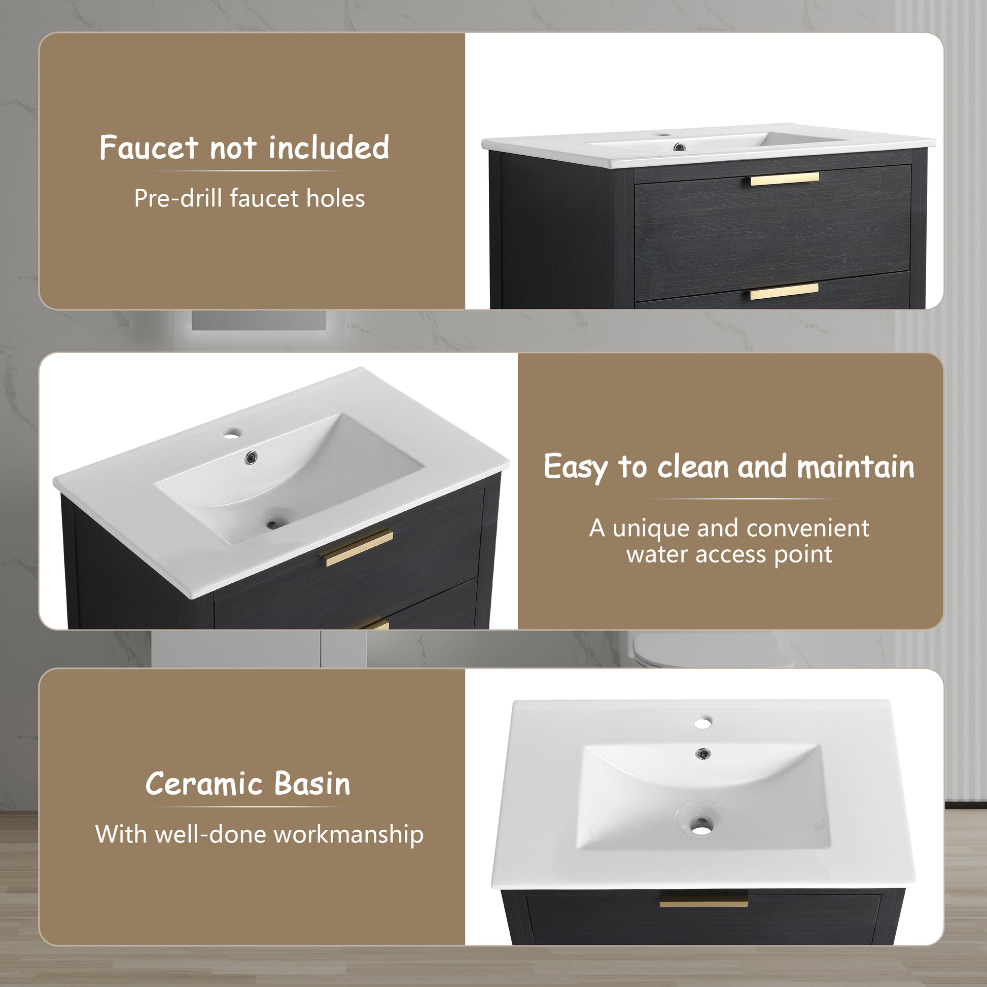 30 Inch Bathroom Vanity With Sink And 2 Soft Close Drawers, Golden Handle Bvb01030Bctg Bl9075B Black Chestnut Bathroom Modern Plywood