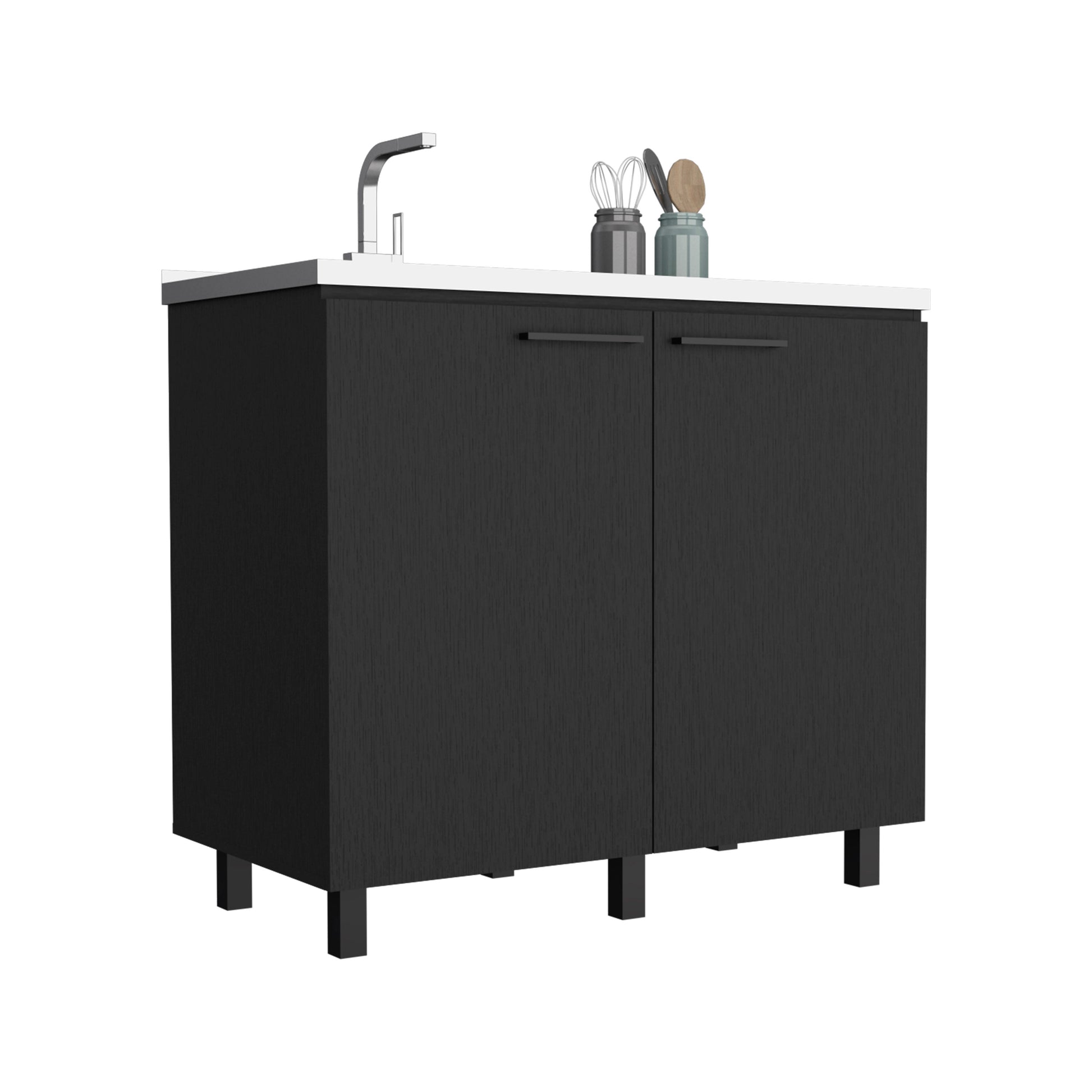 2 Freestanding Utility Base Cabinet With Stainless Steel Countertop And 2 Door, Black Black Solid Wood Mdf Engineered Wood