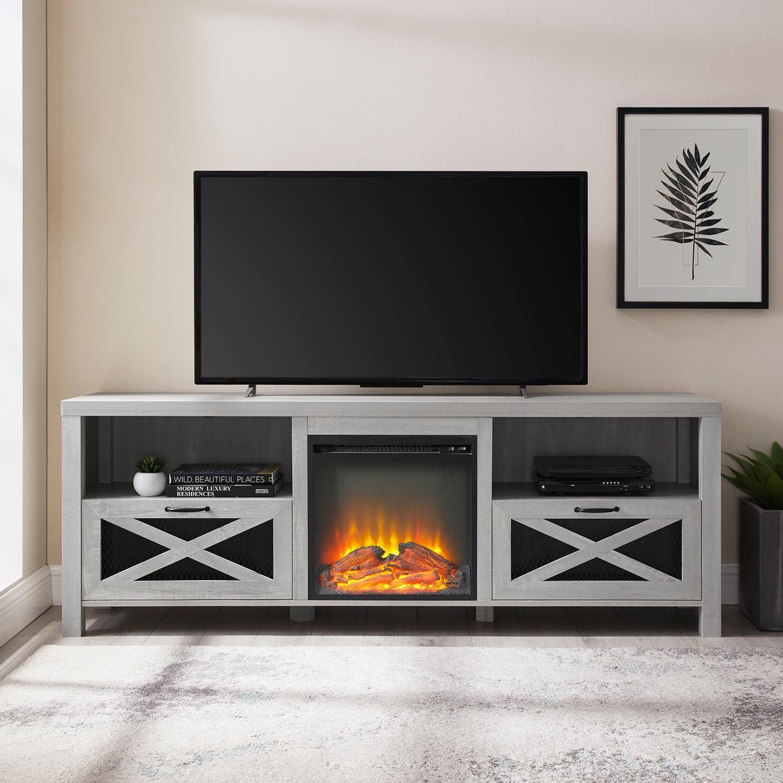 Industrial Farmhouse Metal Mesh Drop Down X Door 70" Fireplace Tv Stand For 80" Tvs Stone Grey Stone Gray Mdf