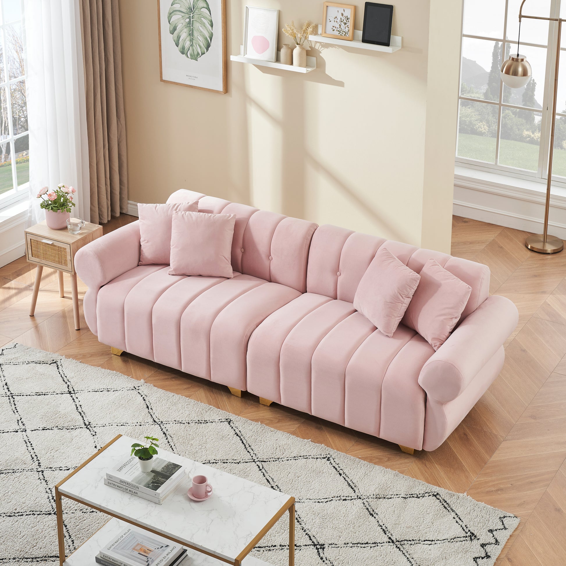 89 Inch Spring Wrapped Cushions, 3 Flannelette Sofas, Stylish Metal Feet And 4 Throw Pillows Make For A Modern Living Room Bedroom Pink Velvet 3 Seat