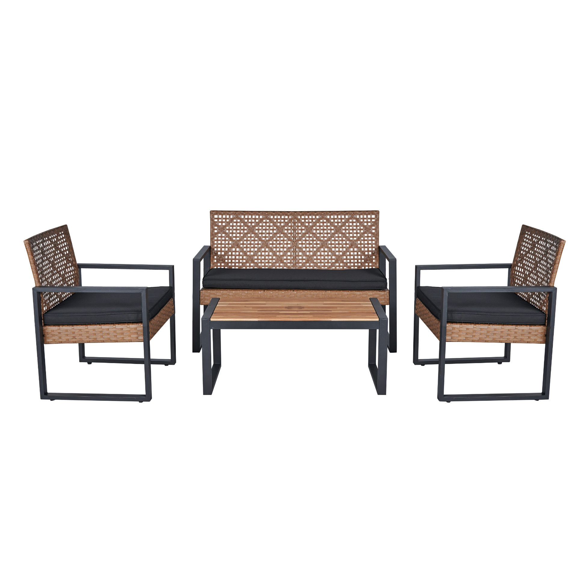 4 Piece Patio Furniture Set Outdoor Balcony Porch Garden Backyard Lawn Furniture Acacia Wood Table Top, Morden Black And Light Brown Yes Sectional Light Brown Seats 4 Rust Resistant Frame Water Resistant Cushion Garden & Outdoor American Design,American