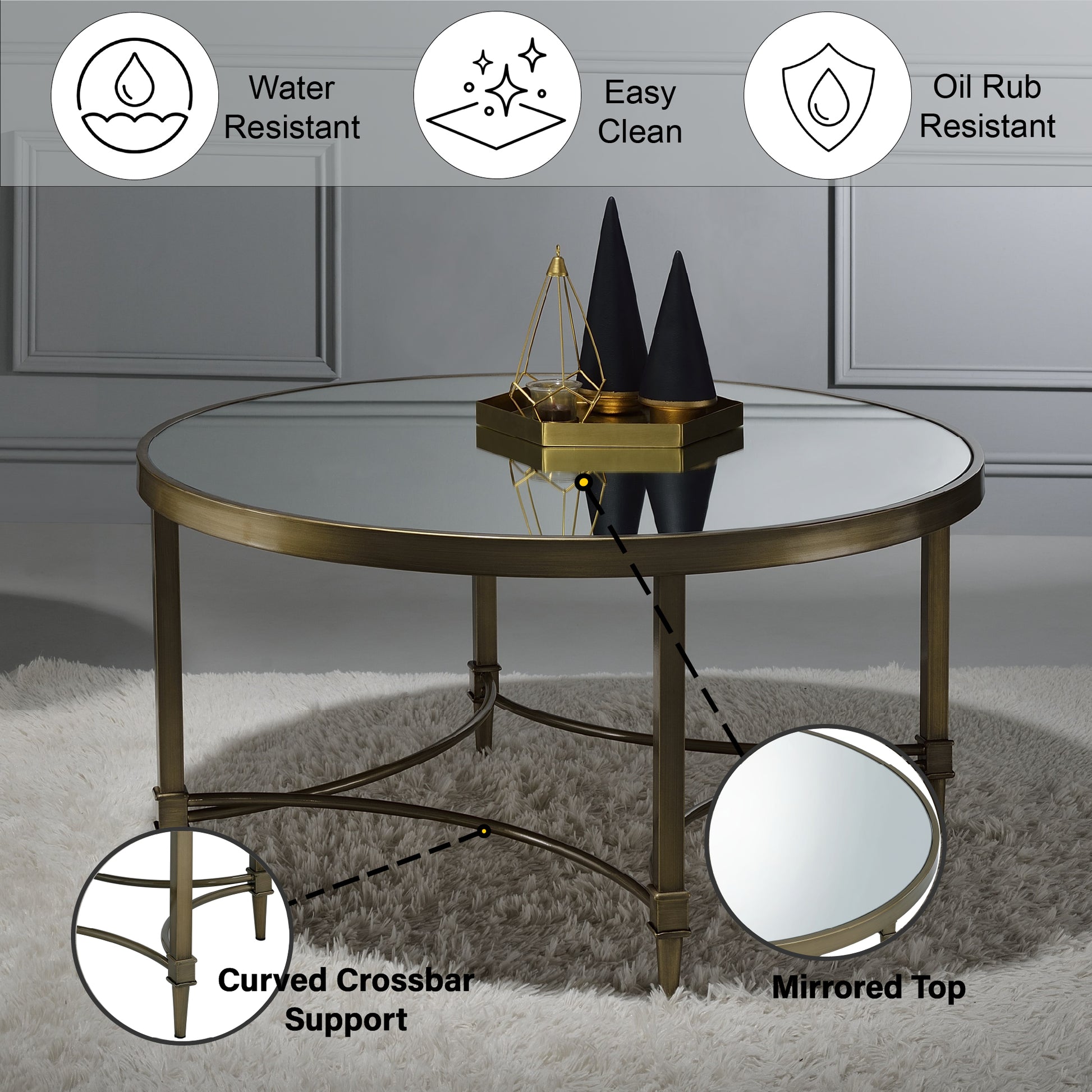 Aditya Coffee Table, Mirrored & Antique Brass Finish Lv02735 Antique Brass Metal