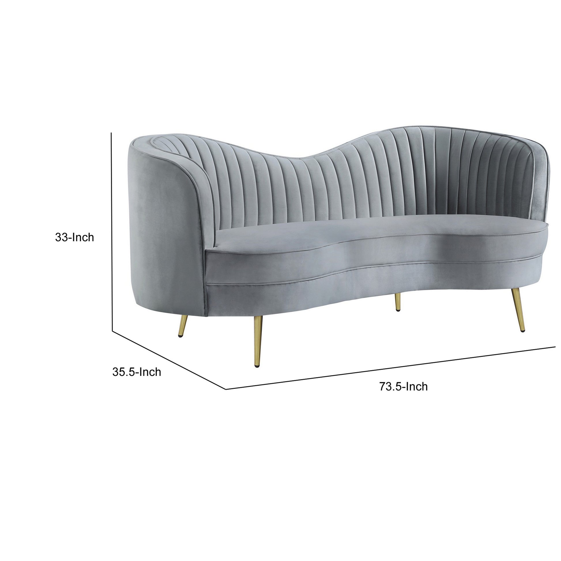 Enzo 74 Inch Modern Loveseat, Channel Tufted Kidney Shape, Gray And Gold Gray Wood 3 Seat