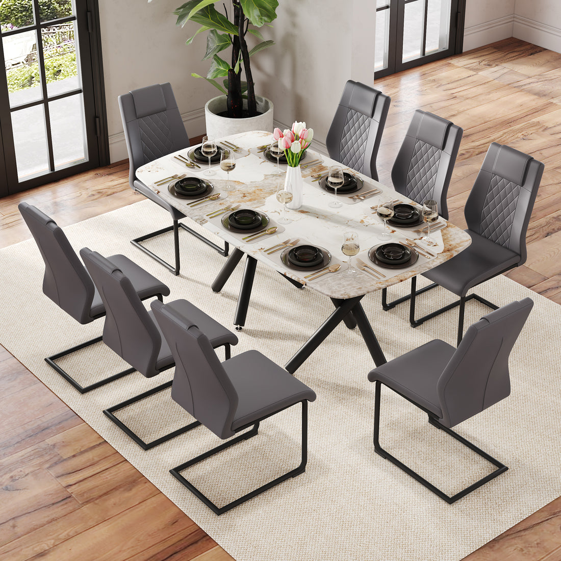 1 Table And 8 Chairs Set.A Rectangular Dining Table With A 0.39 Inch Imitation Marble Tabletop And Black Metal Legs.Paired With 8 Chairs With Pu Leather Seat Cushion And Black Metal Legs.F 1538,C 001 Black Glass Metal