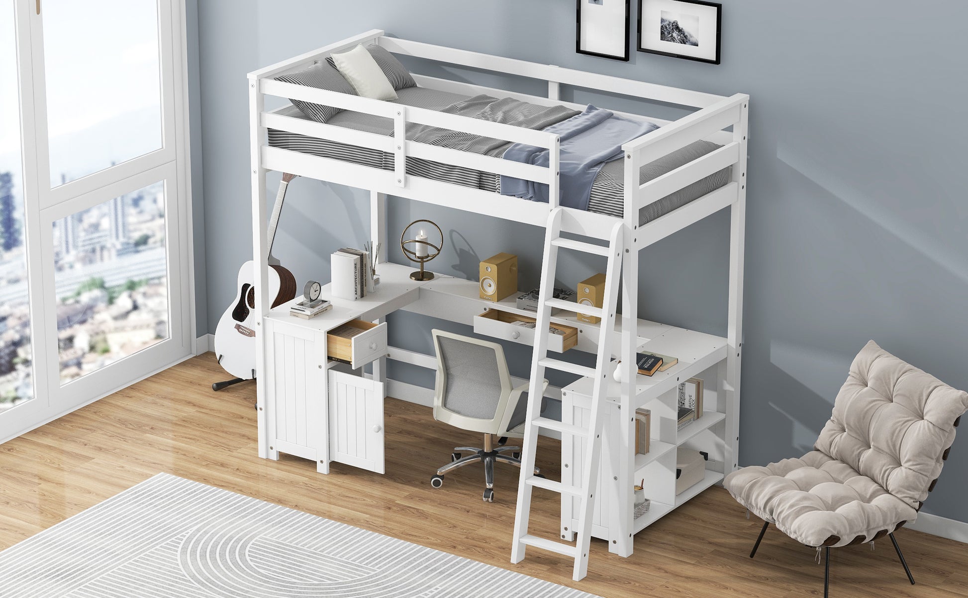 Twin Size Loft Bed With U Shaped Desk, Drawers And Storage Shelves, White Box Spring Not Required Twin White Wood Bedroom Solid Wood Mdf