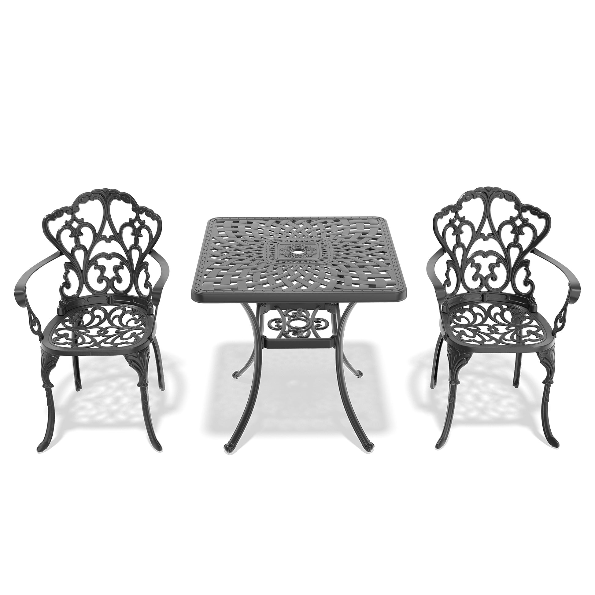 Cushions In Random Colors 3 Piece Set Of Cast Aluminum Patio Furniture With Cushions Yes Dining Set Black Seats 2 Rust Resistant Frame Water Resistant Cushion Garden & Outdoor Complete Patio Sets Aluminium