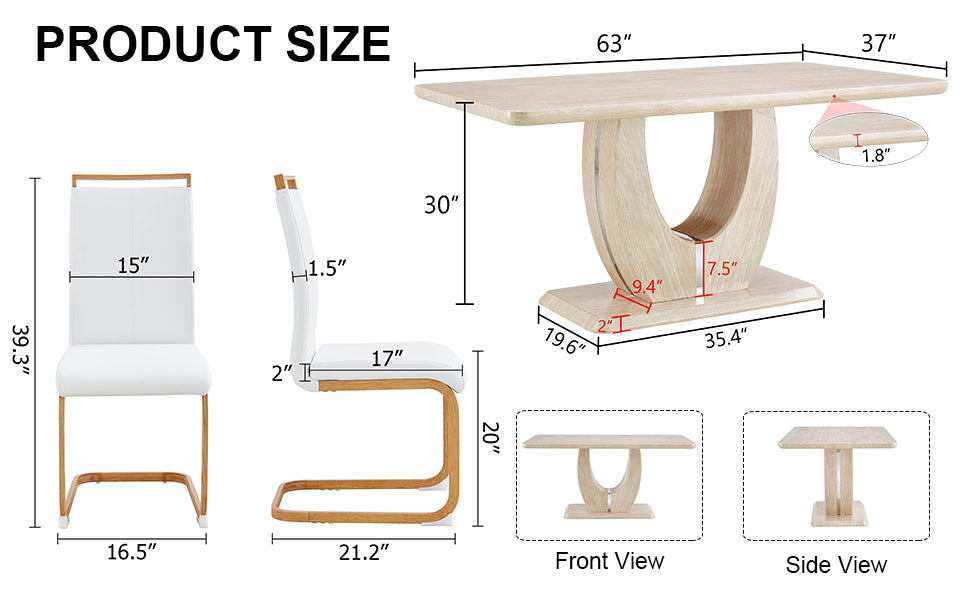 Table And Chair Set. Modern Minimalist Luxury Mdf Rectangular Dining Table With Textured Stickers On The Table And 4 Pu Synthetic Leather High Back Upholstered Side Chairs. White Seats 4 Mdf