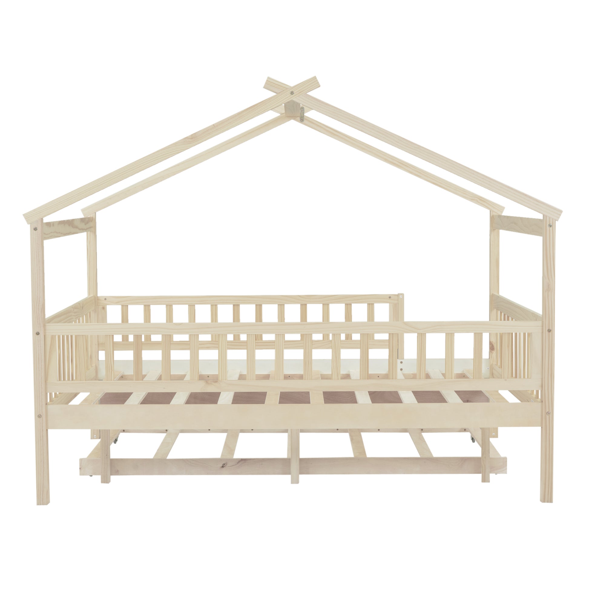 Full Size Wooden House Bed With Twin Size Trundle, Natural Full Natural Solid Wood Mdf