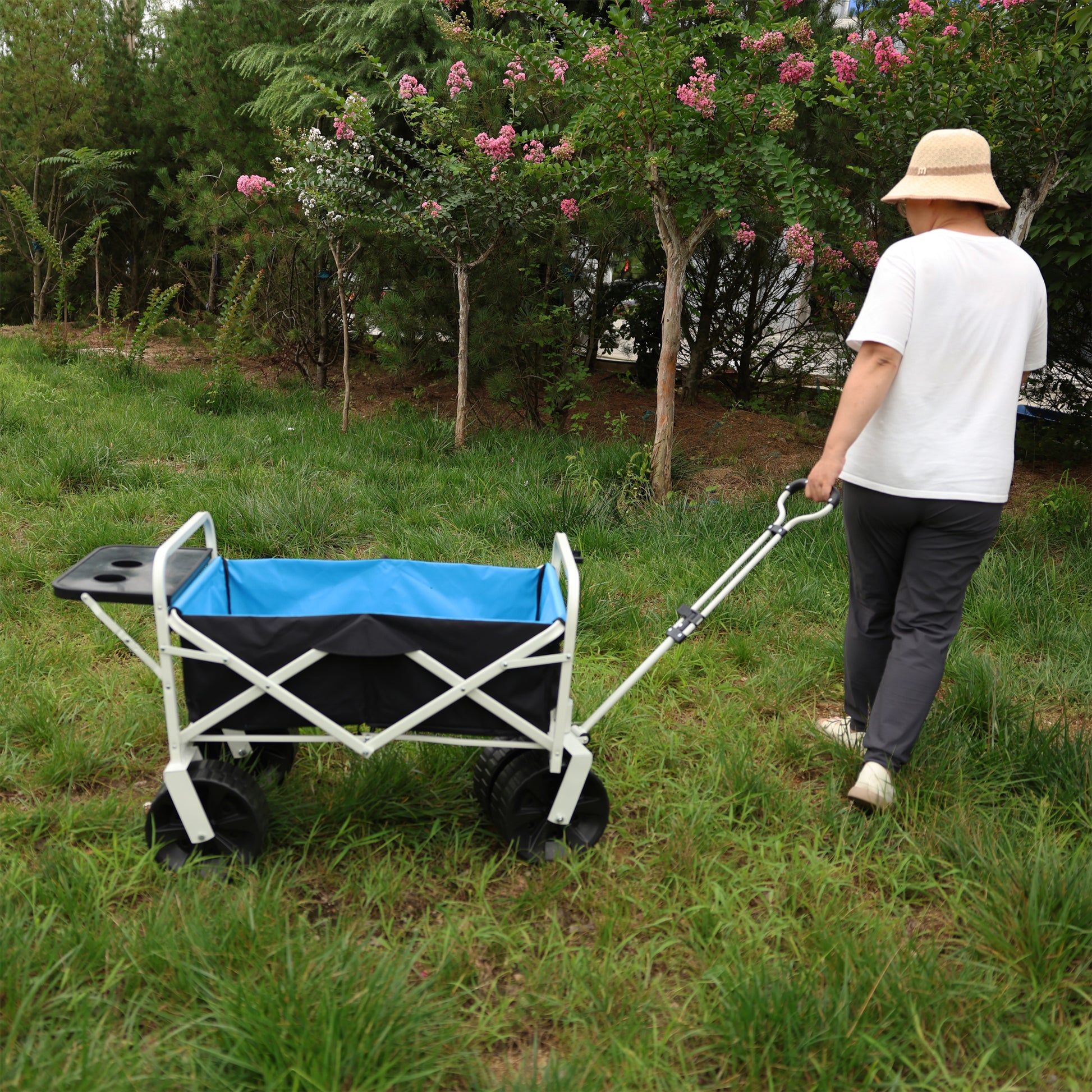 Folding Wagon Garden Shopping Beach Cart White White Black Blue Iron,Oxford Fabric