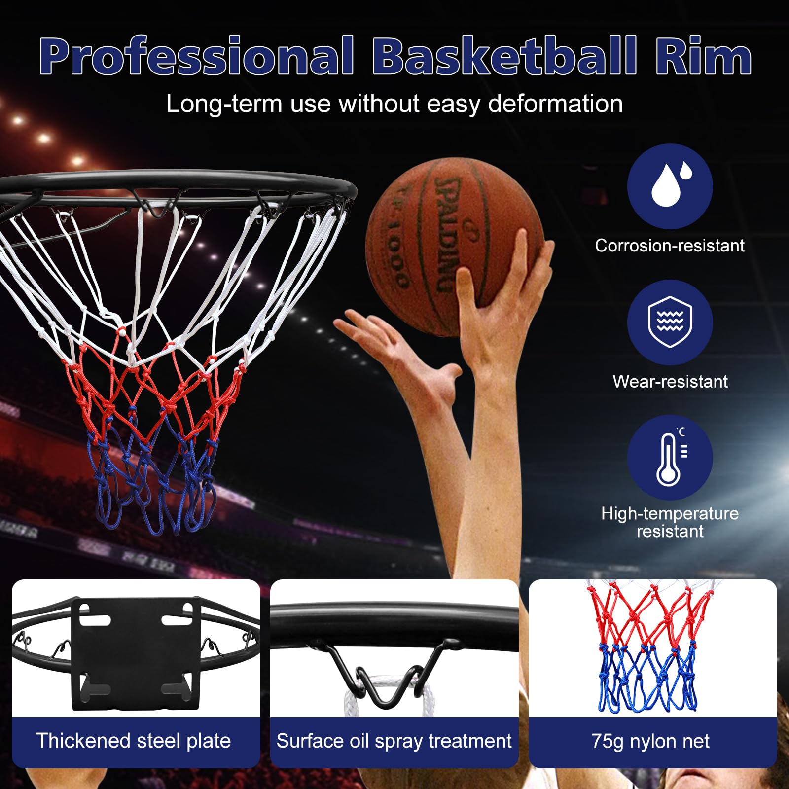 Basketball Rim Replacement Standard 18" Steel Rim Wall Mounted Basketball Goal Hoop With Net For Indoor Outdoor Black Balls Sports Black Iron