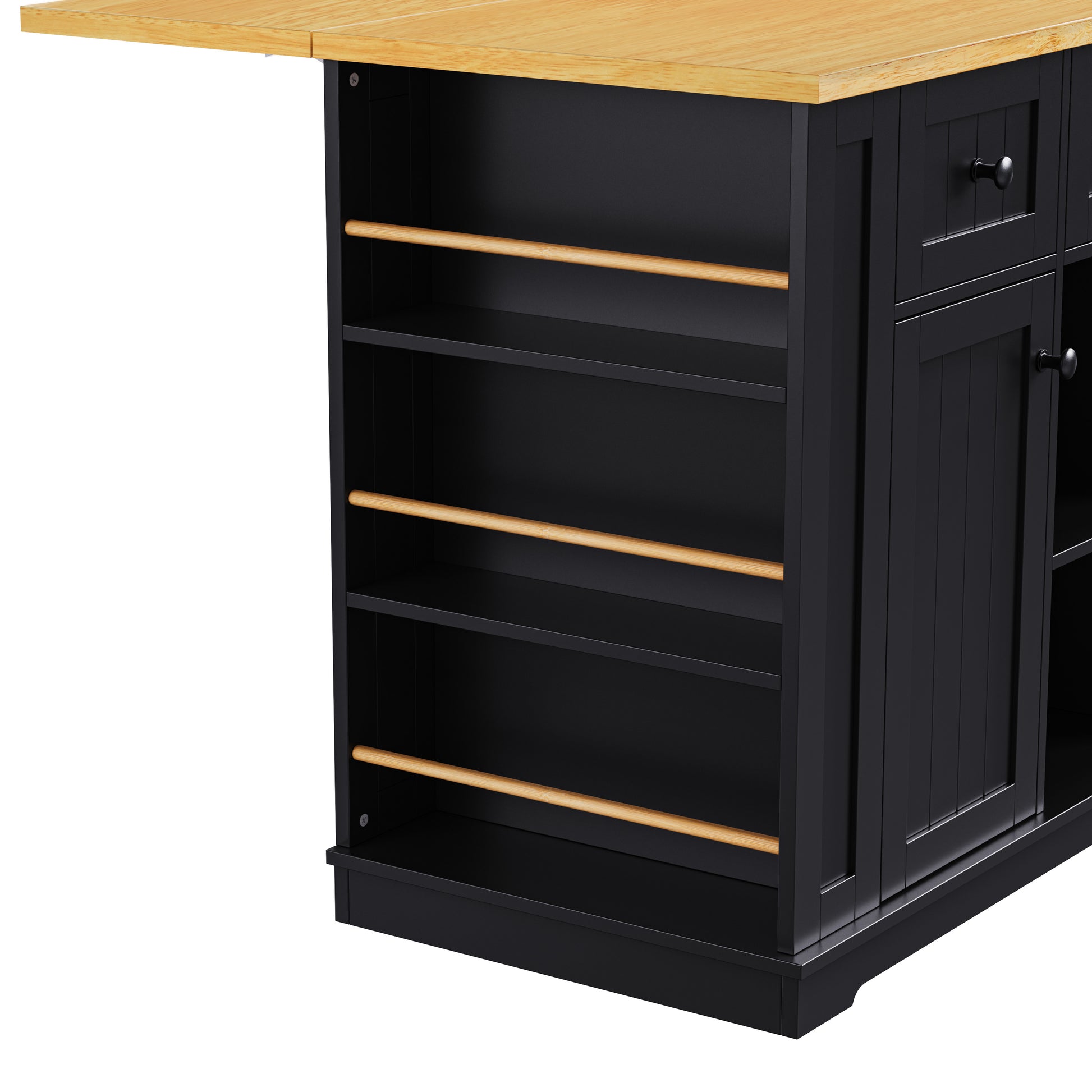 K&K 53Inch Large Kitchen Island With Drop Leaf, Power Outlet, Door Internal Storage Rack, Rolling Kitchen Cart On 5 Wheels With 5 Open Side Racks For Kitchen, Dining Room,Black Not Include Bar