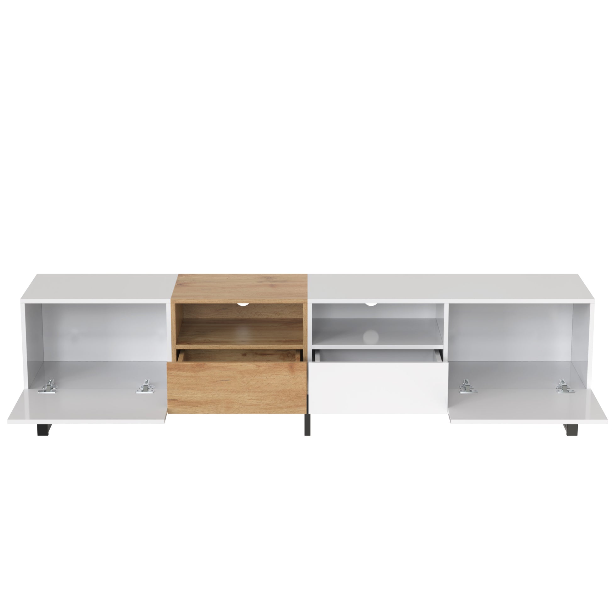 Modern Tv Stand With 2 Cabinets& Open Storage Compartment, Color Matching Media Console Table For Tvs Up To 85'', Entertainment Center With Drop Down Door For Living Room, Bedroom, Home Theatre Wood Brown Primary Living Space 70 79 Inches 90 Inches Or