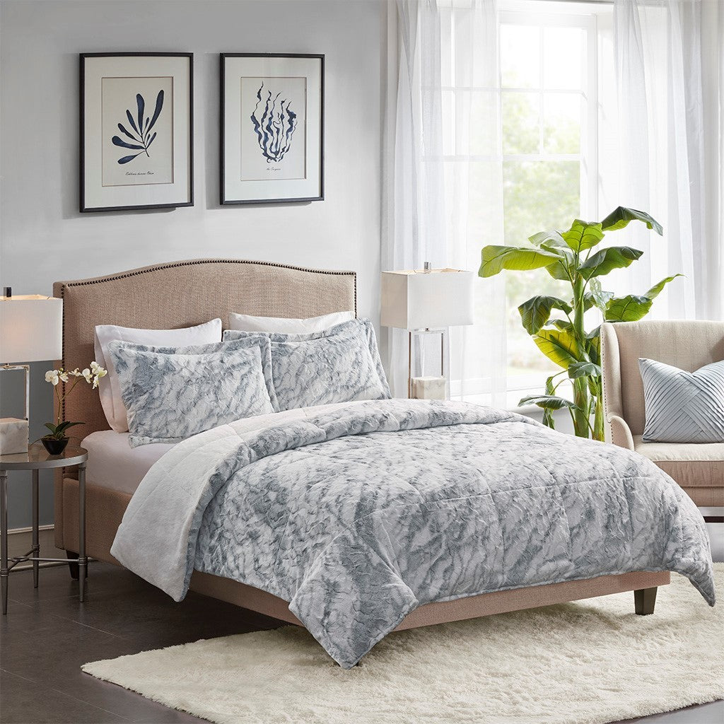 Marble Faux Fur Comforter Set King Grey Blue Marble