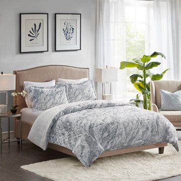 Marble Faux Fur Comforter Set King Grey Blue Marble