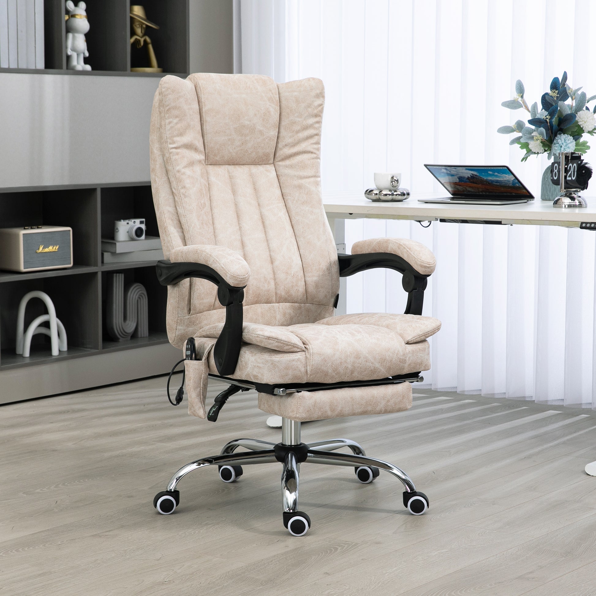 Vinsetto Microfiber Office Chair, High Back Computer Chair With 6 Point Massage, Heat, Adjustable Height And Retractable Footrest, Cream White Cream White Polyester