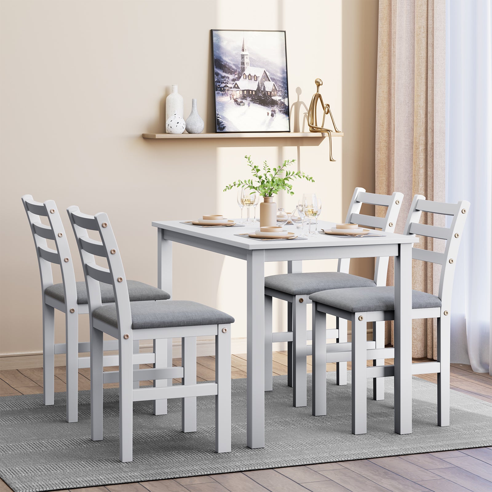 5Pcs Stylish Dining Table Set 4 Upholstered Chairs With Ladder Back Design For Dining Room Kitchen Gray Cushion White Antique White Rubber Wood