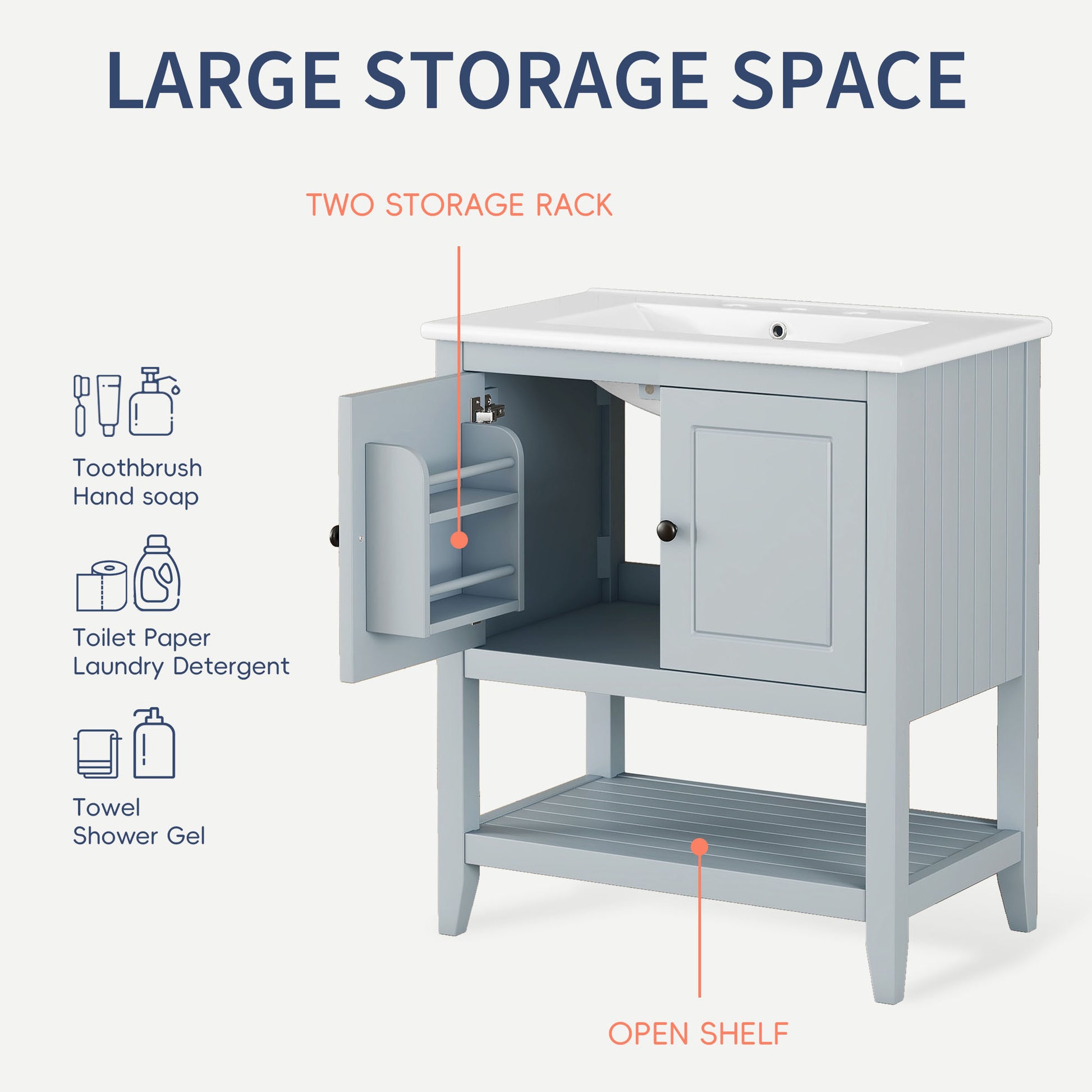 30" Gray Modern Sleek Bathroom Vanity Elegant Ceramic Sink With Solid Wood Frame Open Style Shelf & Door Shelf Design Gray Solid Wood