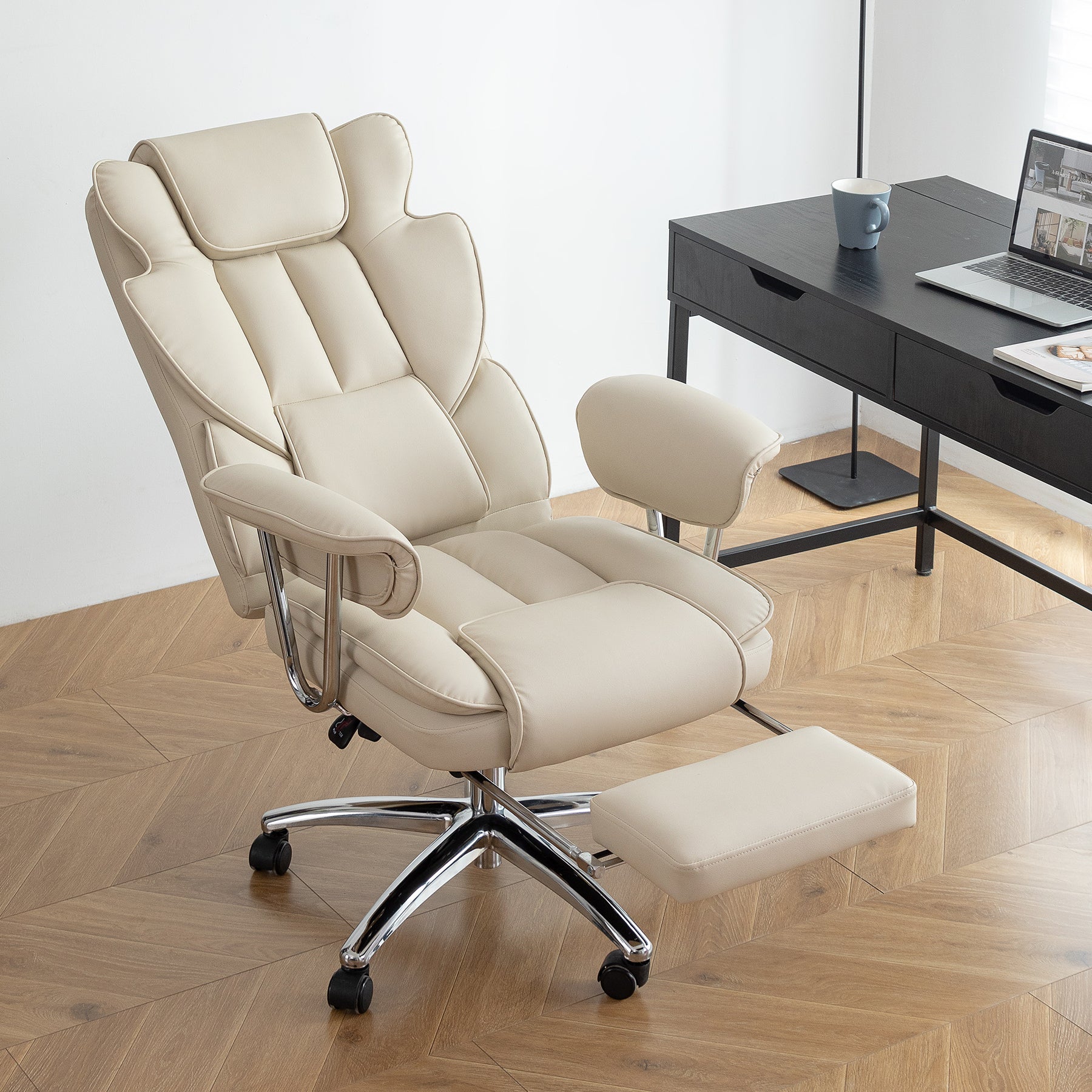Office Chair, Big And Tall Executive Office Chair With Footrest, Leather Computer Chair, Ergonomic Reclining Chair High Back With Lumbar Support, Large Home Office Chair Beige Beige Pu Leather