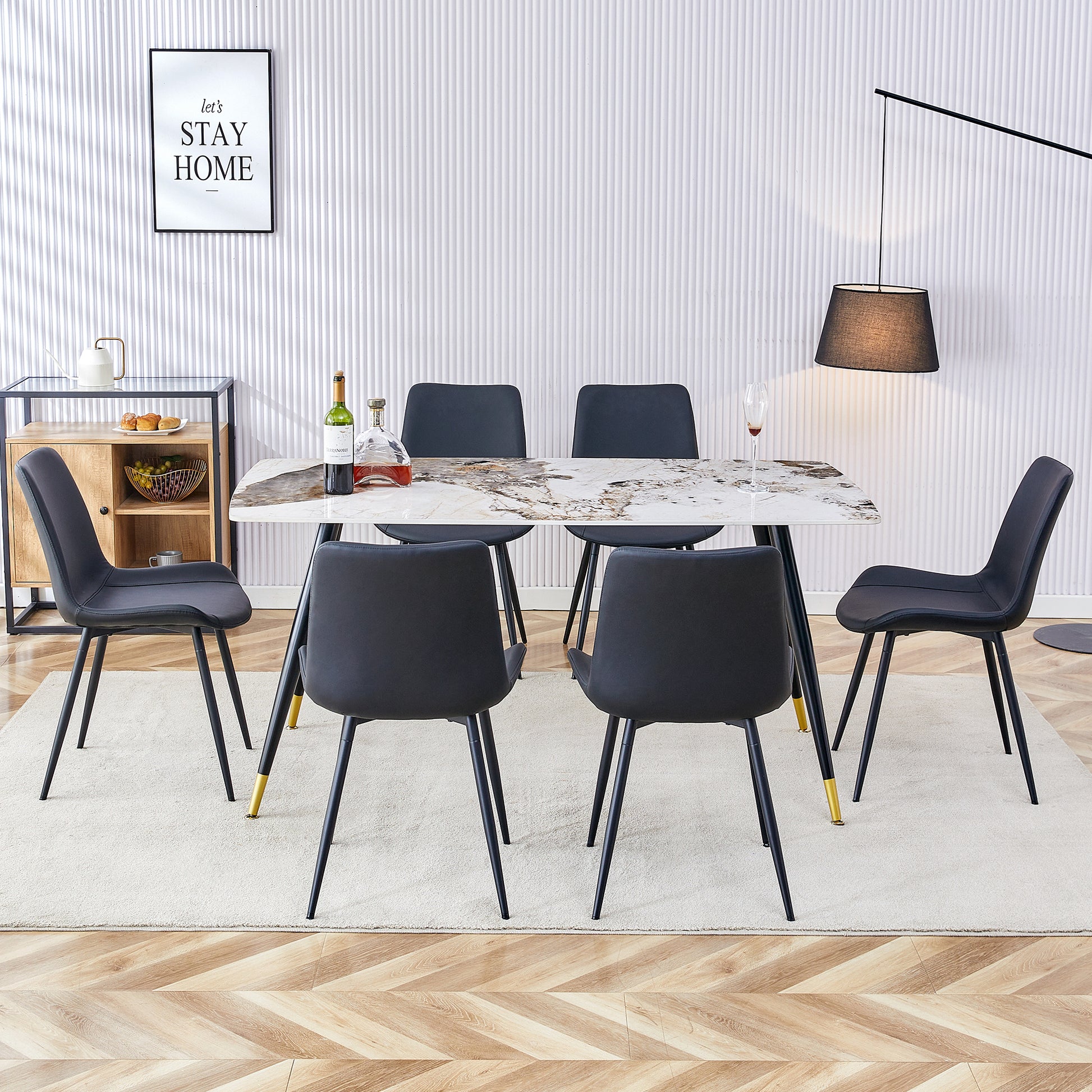 Table And Chair Set, Imitation Marble Texture Rock Board Table Top, Black Metal Table Legs, Stable And Beautiful. Modern Simple Dining Table, Comfortable Seating. White Black Seats 6 Metal