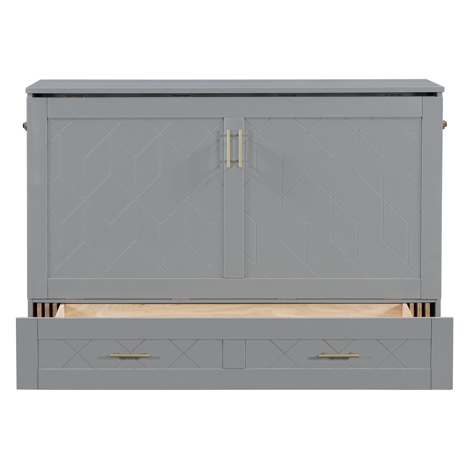 Full Size Murphy Bed Wall Bed With Drawer And A Set Of Sockets & Usb Ports, Pulley Structure Design, Gray Full Gray Mdf Lvl