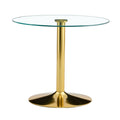 A 35 Inch Diameter Glass Top And A Modern, Minimalist Round Dining Table With Gold Metal Legs. Ideal For Dining Rooms, Living Rooms And Meeting Rooms. Model: Dt 1166 Gold Glass Metal