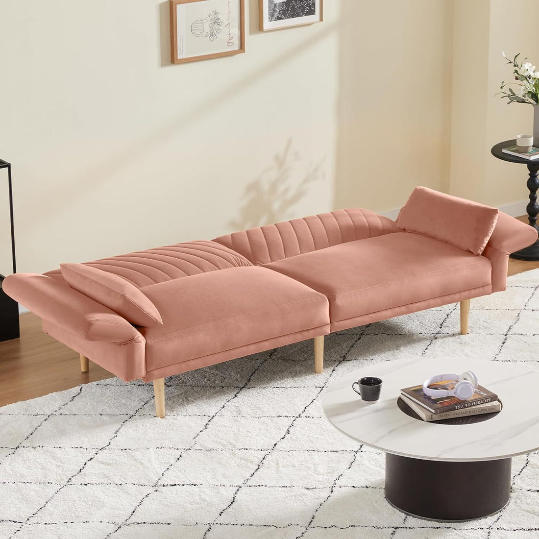 78'' Velvet Futon Sofa Bed, Convertible Sleeper Couch Bed With Adjustable Armrests And Backrest, Loveseat Sleeper Bed With 2 Pillows, Modern Futon Couch For Living Room, Pink Brown Wood Bedroom Heavy Duty Oak 2 Seat Light Pink Velvet Soft Cushion Back