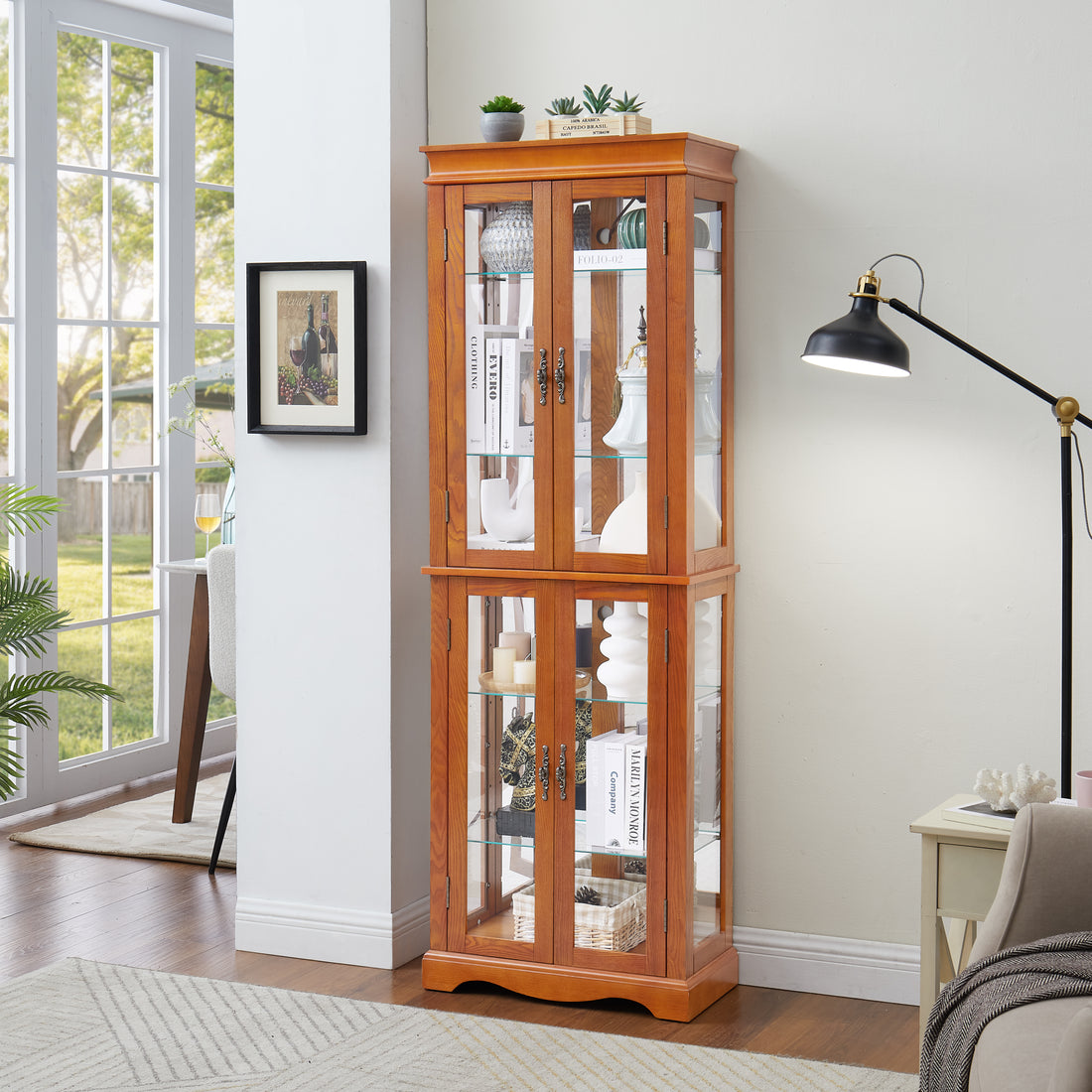 Lighted Glass Curio Display Cabinet,Display Cabinet,Glass Storage Cabinet Glass Wine Cabinet Wood Frame Toy Display For Living Room, Kitchen, Pantry Light Bulb Included Oak Oak Mdf Glass