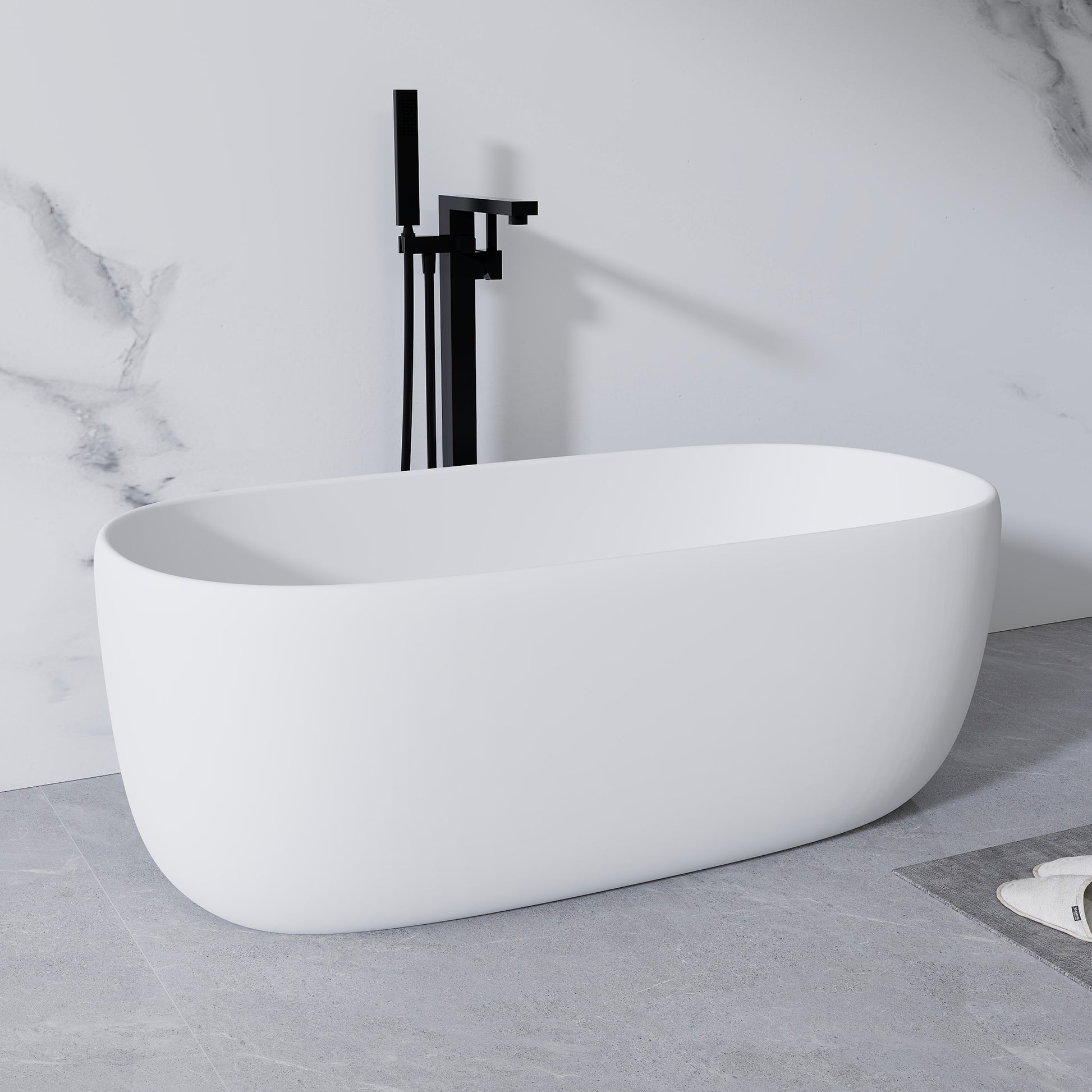 51'' Freestanding Bathtub Resin Stone Soaking Bathtub Solid Surface Modern Tubs With Overflow And Pop Up Drain In White Matte White Oval Bathroom Freestanding Tubs Matte Less Than 59 In Soaking Center Solid Surface Solid Surface