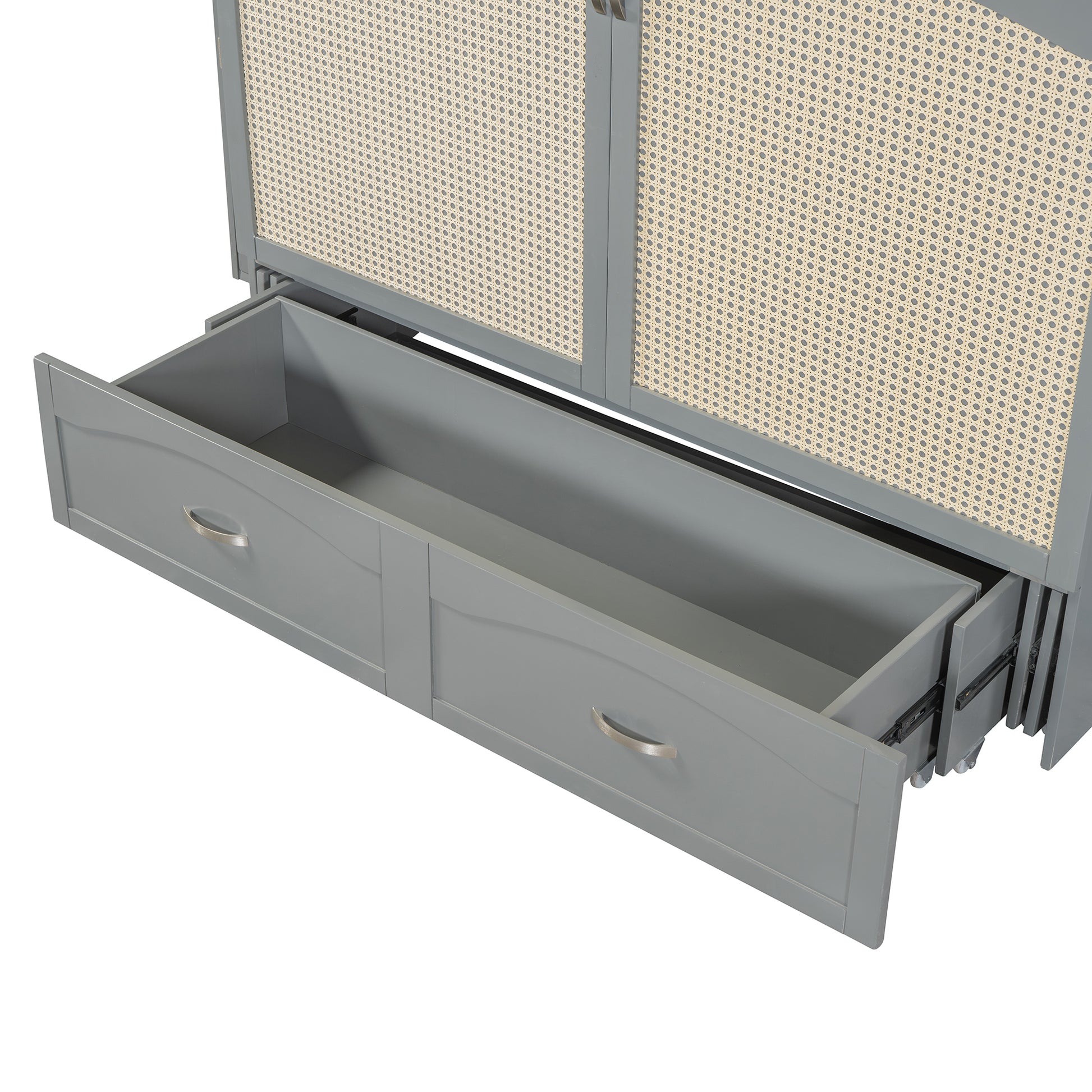 Full Size Murphy Bed Wall Bed With Drawer And Rattan Decoration With 2 Storage Cabinets, One Set Of Sockets & Usb Ports, Pulley Structure Design, Gray Full Gray Plywood