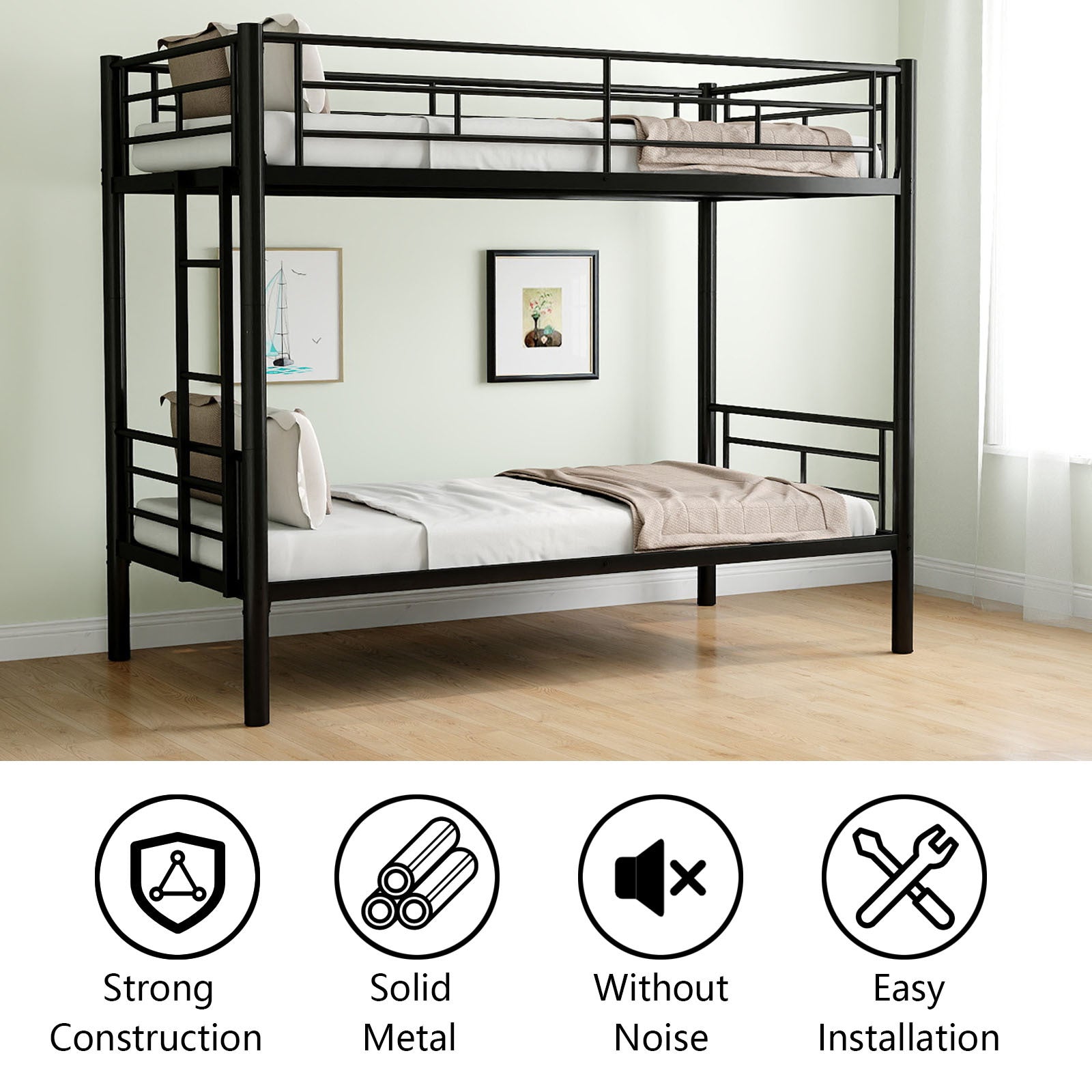 Bunk Bed Twin Over Twin Size With Ladder And High Guardrail, Able To Split, Metal Bunk Bed, Storage Space, Noise Free, Black Twin Black Metal Bedroom Metal