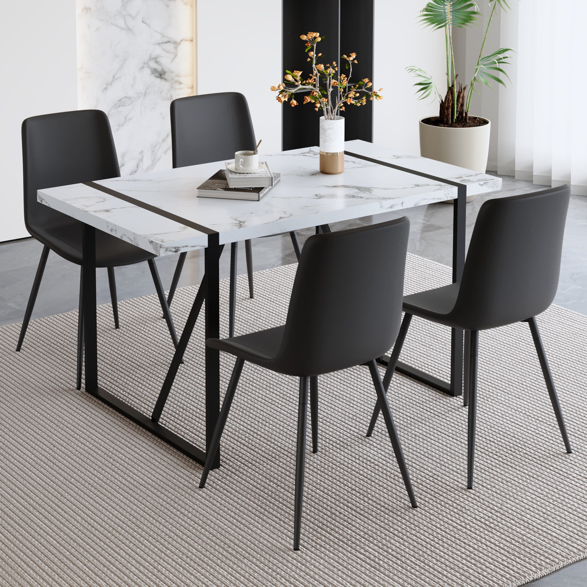 Table And Chair Set.A Modern Minimalist White Marble Veined Mdf Dining Table With Metal Frame.Paried With 4 Chairs With Pu Cushions And Black Metal Legs. Black,White Seats 4 Mdf Metal