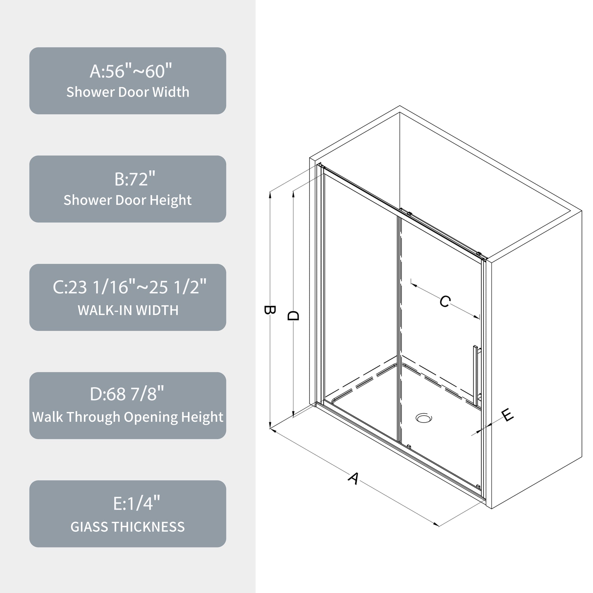 56" 60"W X 72"H Sliding Shower Door, Sliding Door, With 1 4" Tempered Glass And Matted Black Finish 6072 Matte Black Bathroom Aluminium Alloy