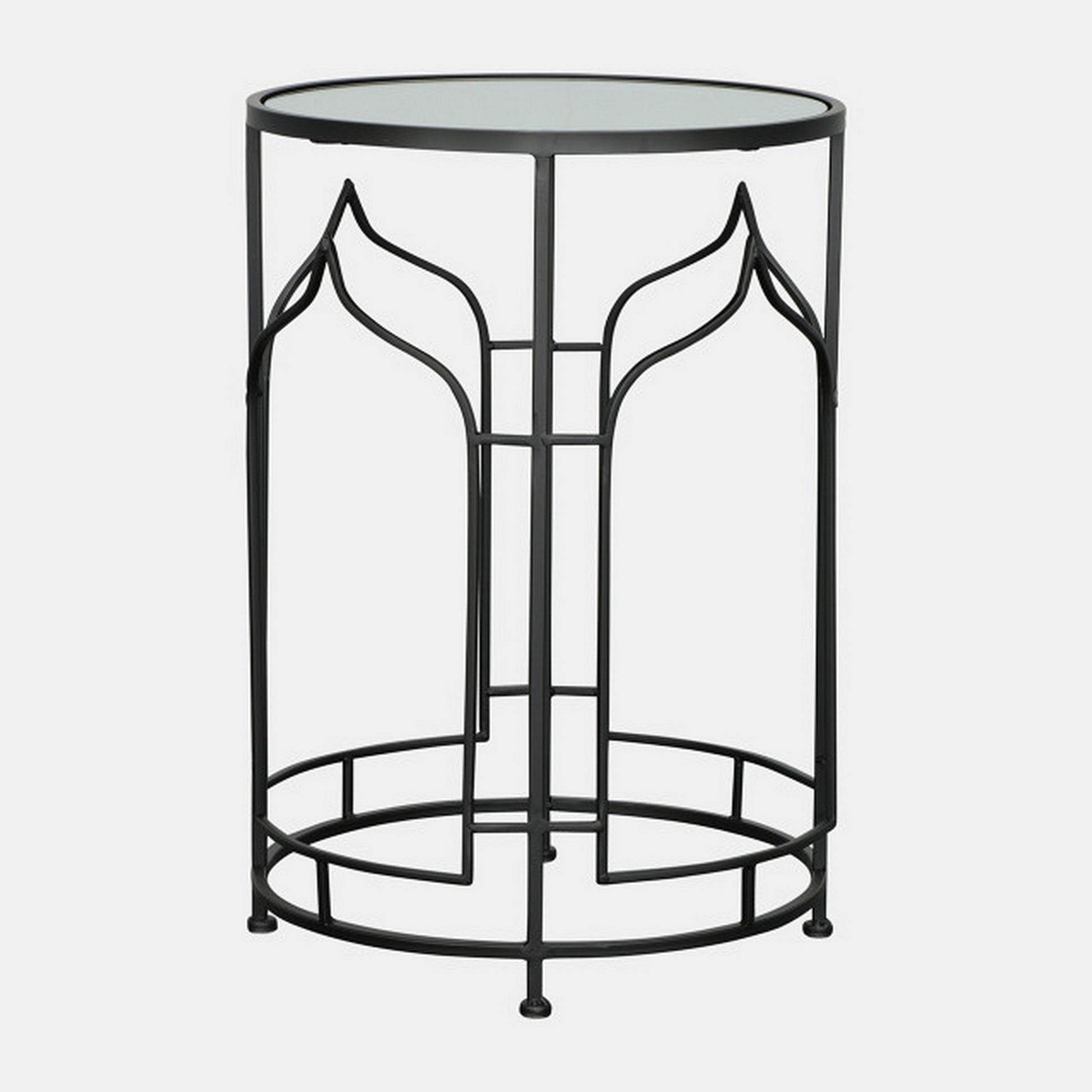23 Inch Modern Side Table, Glass Top, Geometric Design, Set Of 2, Black Black Glass Metal