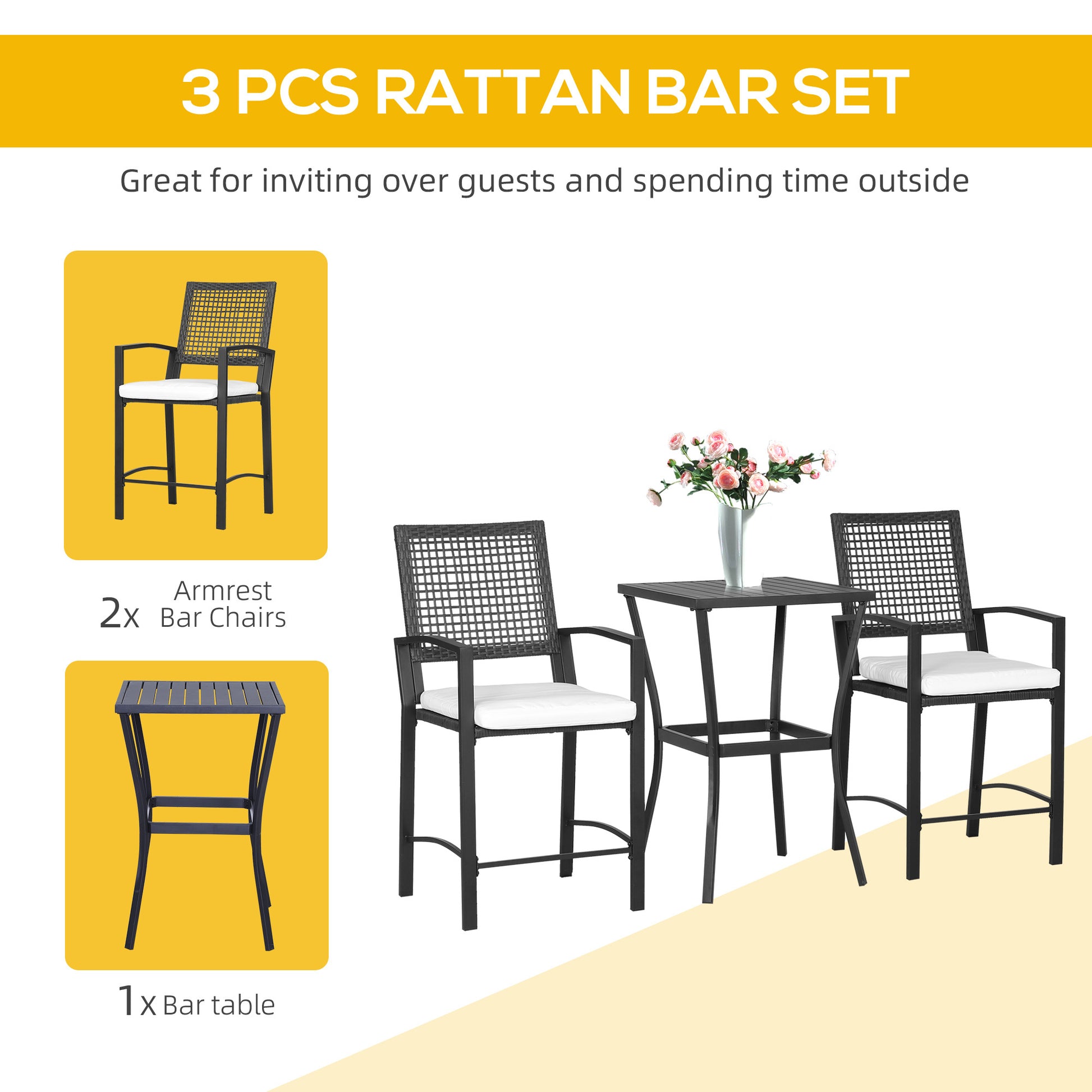 Outsunny 3Pcs Patio Bar Set With Soft Cushion, Rattan Wicker Outdoor Furniture Set For Backyards, Lawn, Deck, Poolside Black Steel