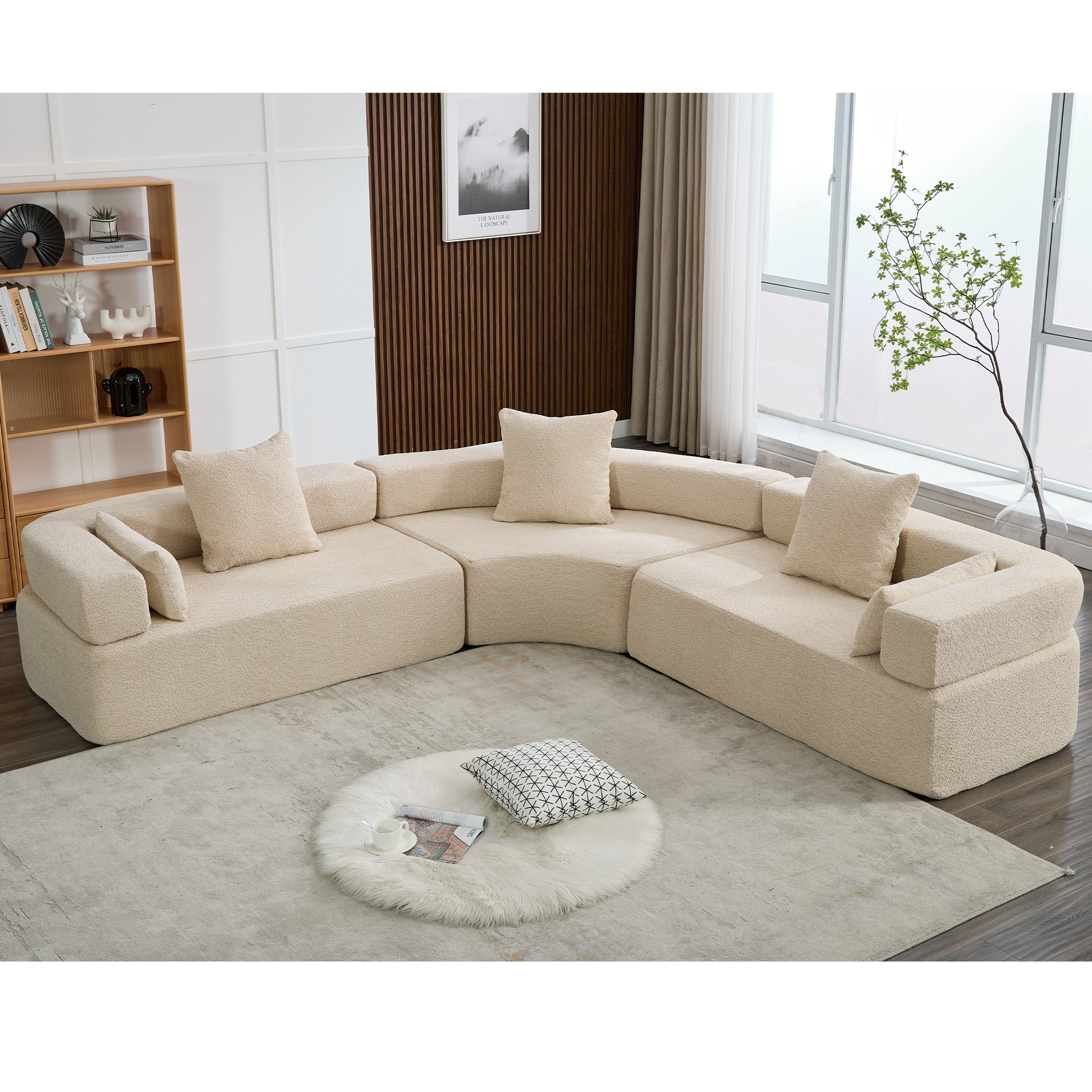 Arrived Oversized Combination Sofa,Curved Sofa,Upholstered 4 Seater Couch For Living Room, Modern Modular 3 Piece Free Combination, Semicircular Modular Sofaboucle, Khaki Khaki Polyester Primary Living Space Soft Tight Back Modern Square Arms Foam