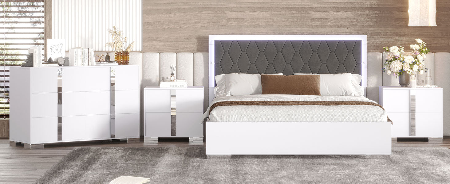 4 Pieces Bedroom Sets Queen Size Upholstered Bed With Led Lights, Mirrored Nightstands And Dresser With Metal Handles And Legs,White Queen White 4 Piece Set Solid Wood Mdf