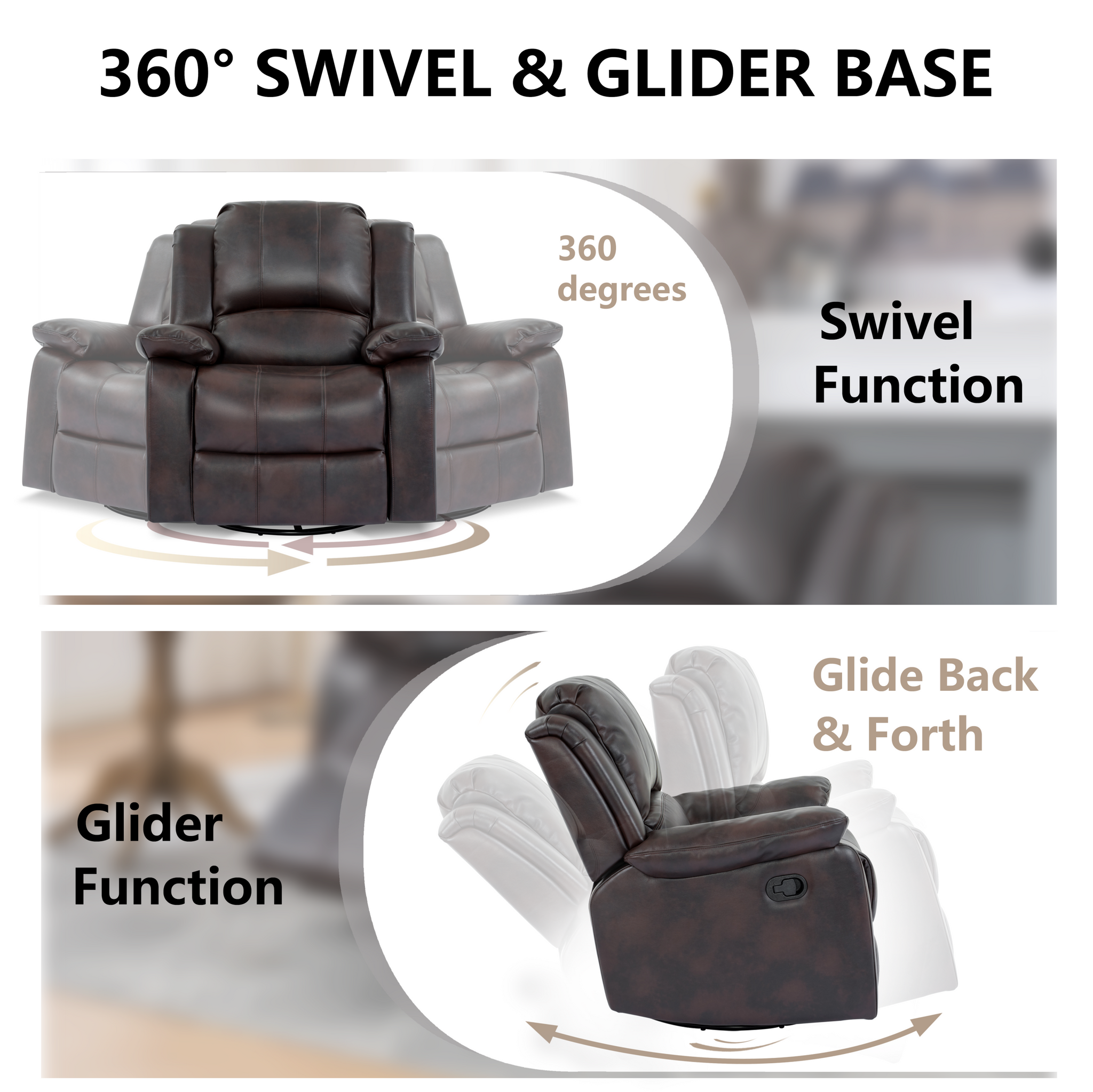 Swivel and Glider Recliner Chair, Brown brown-faux leather-manual-push