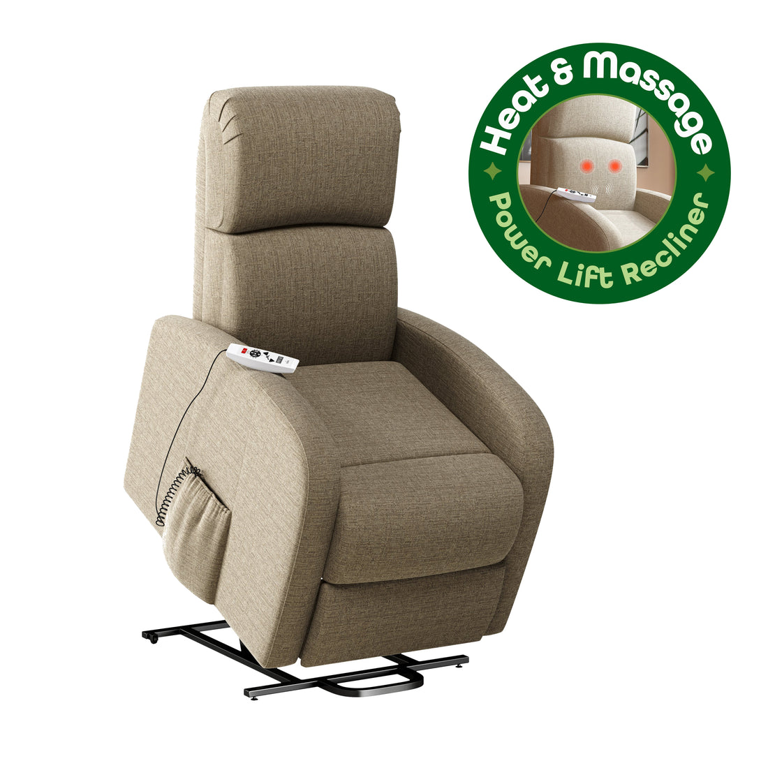The Sandy Recliner Chair Tan Polyester Power Remote Wood Soft Cushion Back Push Button Fiber Foam Pads Polyester