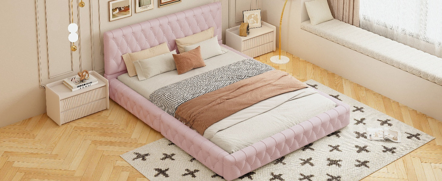 Queen Size Upholstered Bed With Tufted Headboard, Modern Velvet Platform Bedno Box Spring Required, Pink Queen Pink Solid Wood Mdf