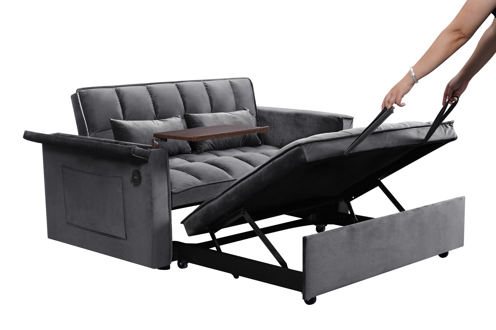 55.5 "3 In 1 Foldable Sofa Bed, Modern Velvet Double Sofa, Sofa Bed With Adjustable Back, Storage Bag And Pillow, Hidden Living Room Laptop Desk With Usb Port, Suitable For Living Room, Bedr Dark