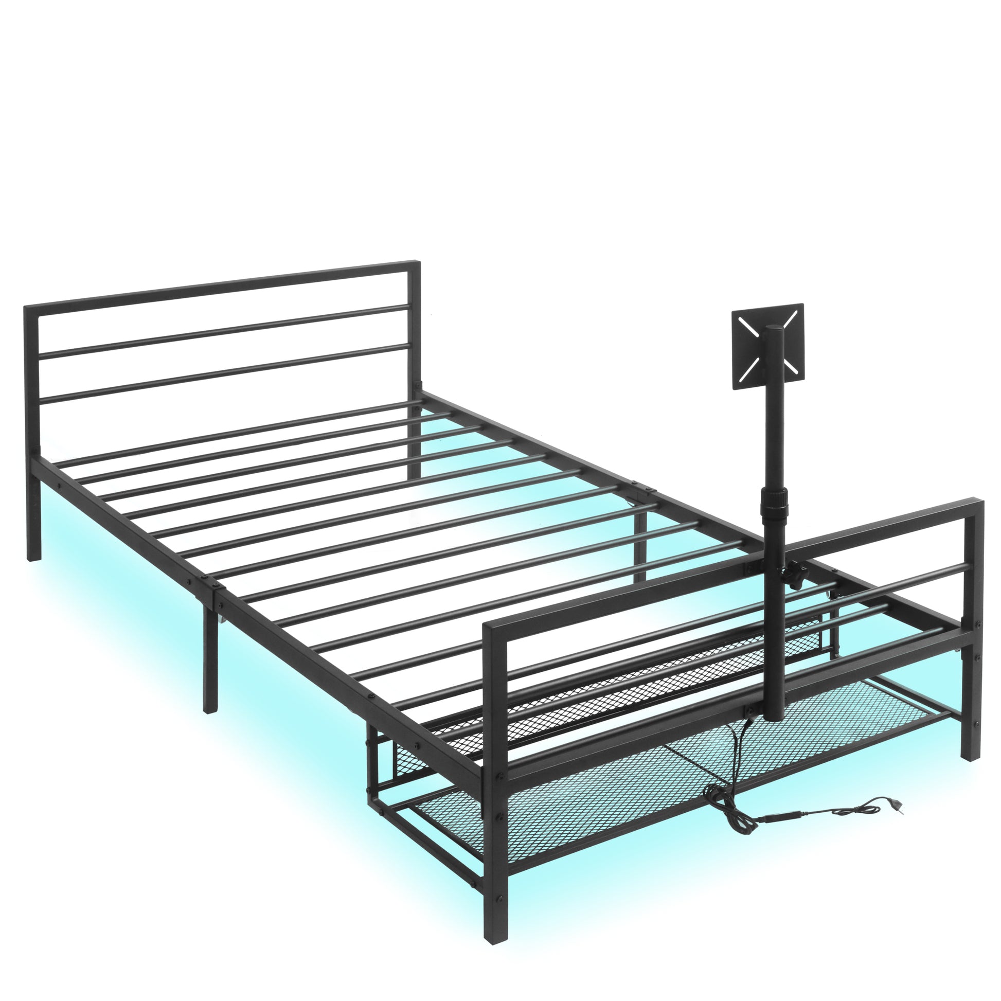 Gaming Bed With Rotating Tv Mount And Metal Mesh Frame,Vented Console Storage, Iron Bed With Led Twin Black Modern Iron