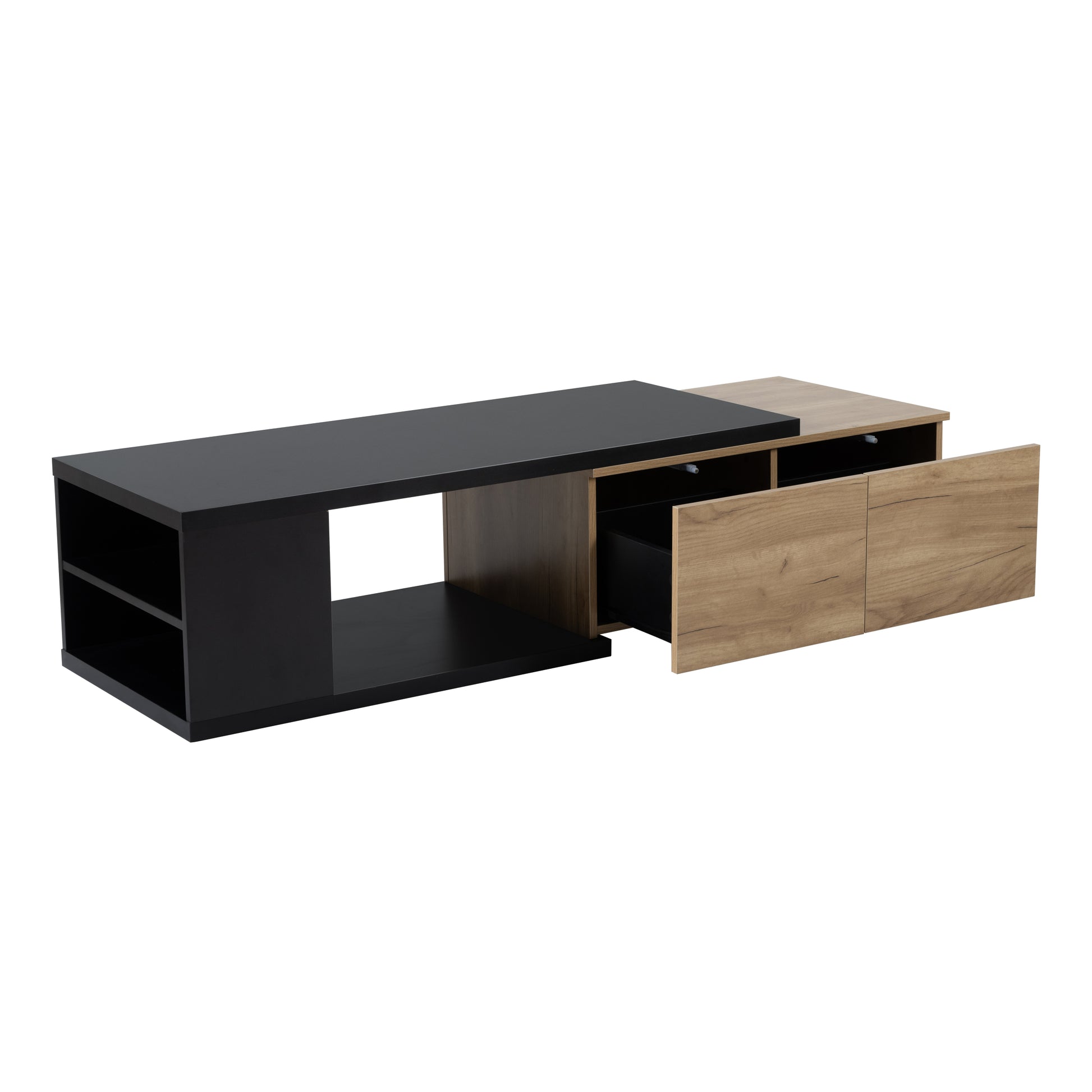 47.2'' 57''W Extendable Coffee Table With 2 Storage Drawers, Dual Tone Wood Center Table With Extendable Sliding Tabletop, Multi Functional Hidden Storage Sofa Table For Living Room, Black Black Primary Living Space Drawers Rectangular Particle Board Mdf