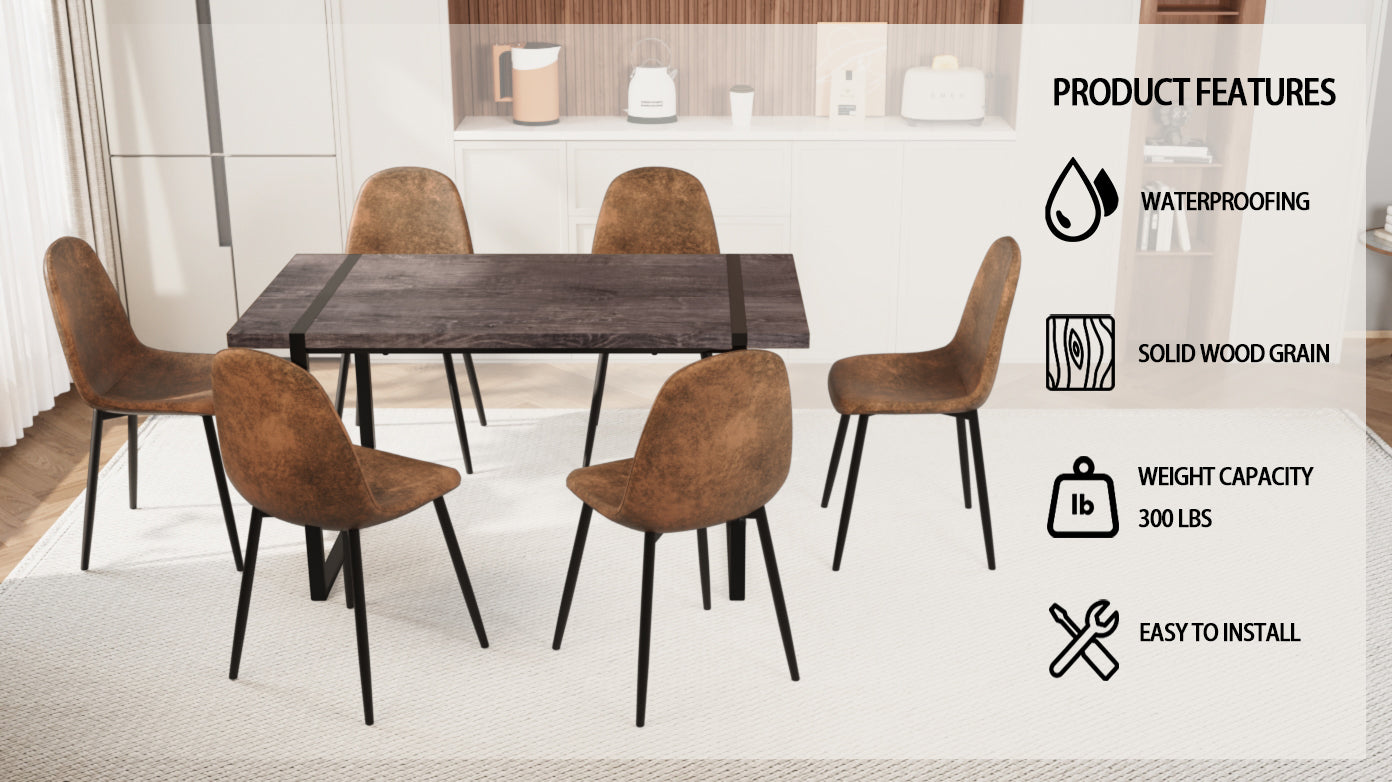 Mdf Black Wooden Dining Table And Modern Dining Chair Set Of 8 Pieces, Medieval Wooden Kitchen Dining Table Set, Black Metal Base, Dining Table And Suede Chair Set Buy 6 Chairs And Get 2 Free Brown